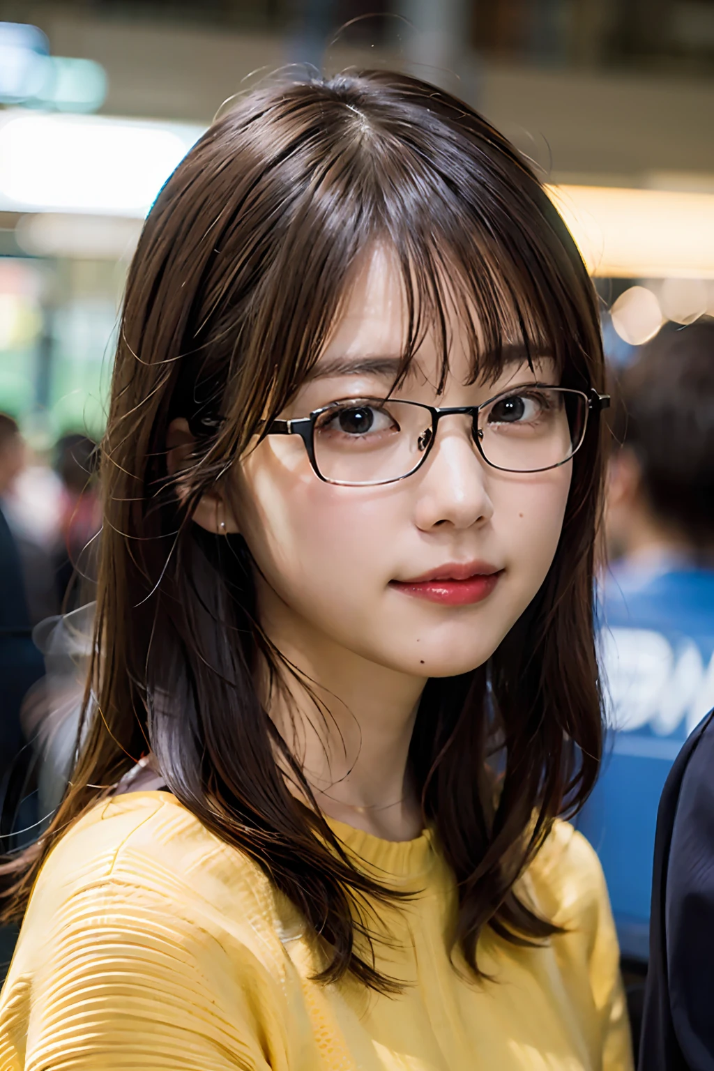 (8K、Raw photography、top-quality、​masterpiece:1.2)、(realisitic、Photorealsitic:1.37)、ultra-detailliert、超A high resolution、女の子1人、see the beholder、beautifull detailed face、A smile、Constriction、(Slim waist) :1.3)、length hair、Beautiful detailed skin、Skin Texture、Floating hair、Professional Lighting、Waiting for the train at the platform、Square glasses with black rimming、Whole human body、Brown hair