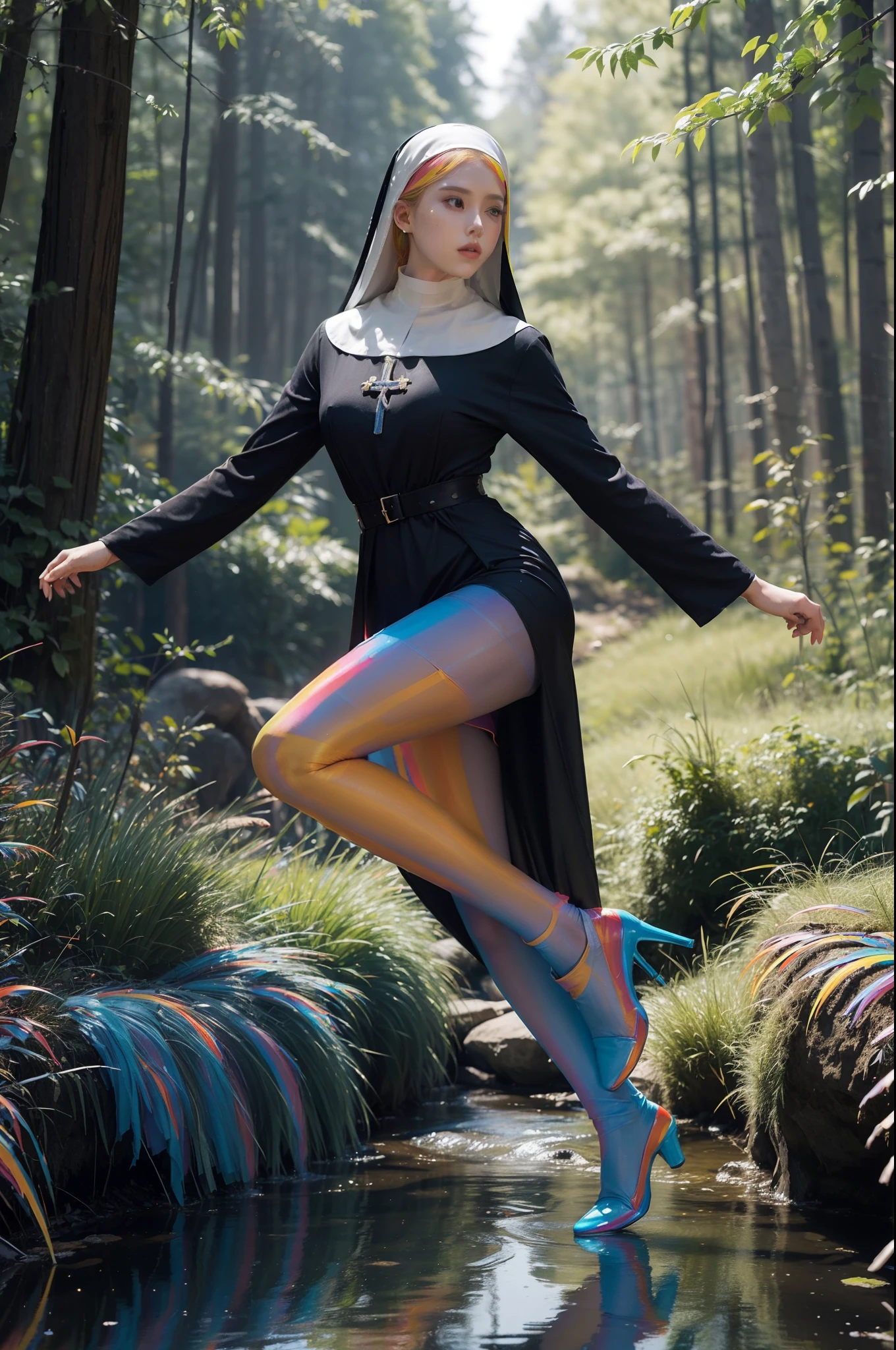 (full body:2)，(1girl:1.3),(view the viewer:1.4)，(anatomy correct:1.4),(((colorful pantyhose)):1.3), (pointed thick heels :1.3),,((Dancing By the creek in the forest):1.2),((Medieval female nun's knee-length dress suit):1.3),(Extra Long blonde Hair:1.2),(Accurate and perfect face:1.3),(Long legs and big feet:1.3),((Polished clothing):1.2),((Skin reflection , Skin Gloss):1.2)，((((( colorful)))):1.5)，hyper HD, Ray traching, reflective light， structurally correct, Award-Awarded, high detail, lighten shade contrast, Face lighting ，cinematic lighting, masterpiece, super detailing, high quality, high detail, best quality, 16k，High contrast,