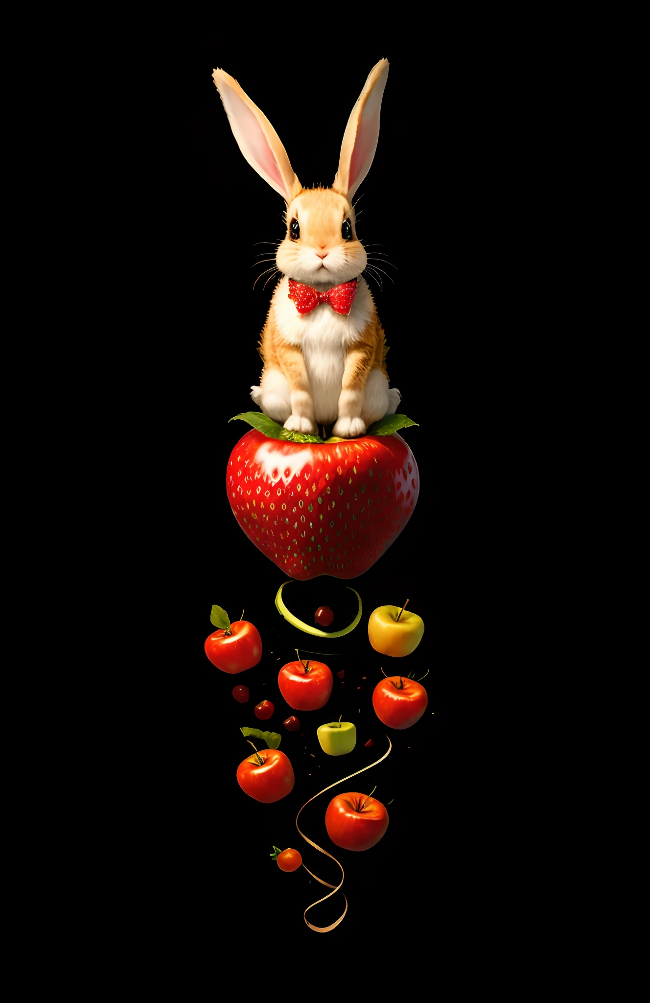 : 3. bunny, realistic, furry animal, apple, black eye, blush, cherry, food, fruit, full body, hat, non-human, strawberry, tomato, watermelon