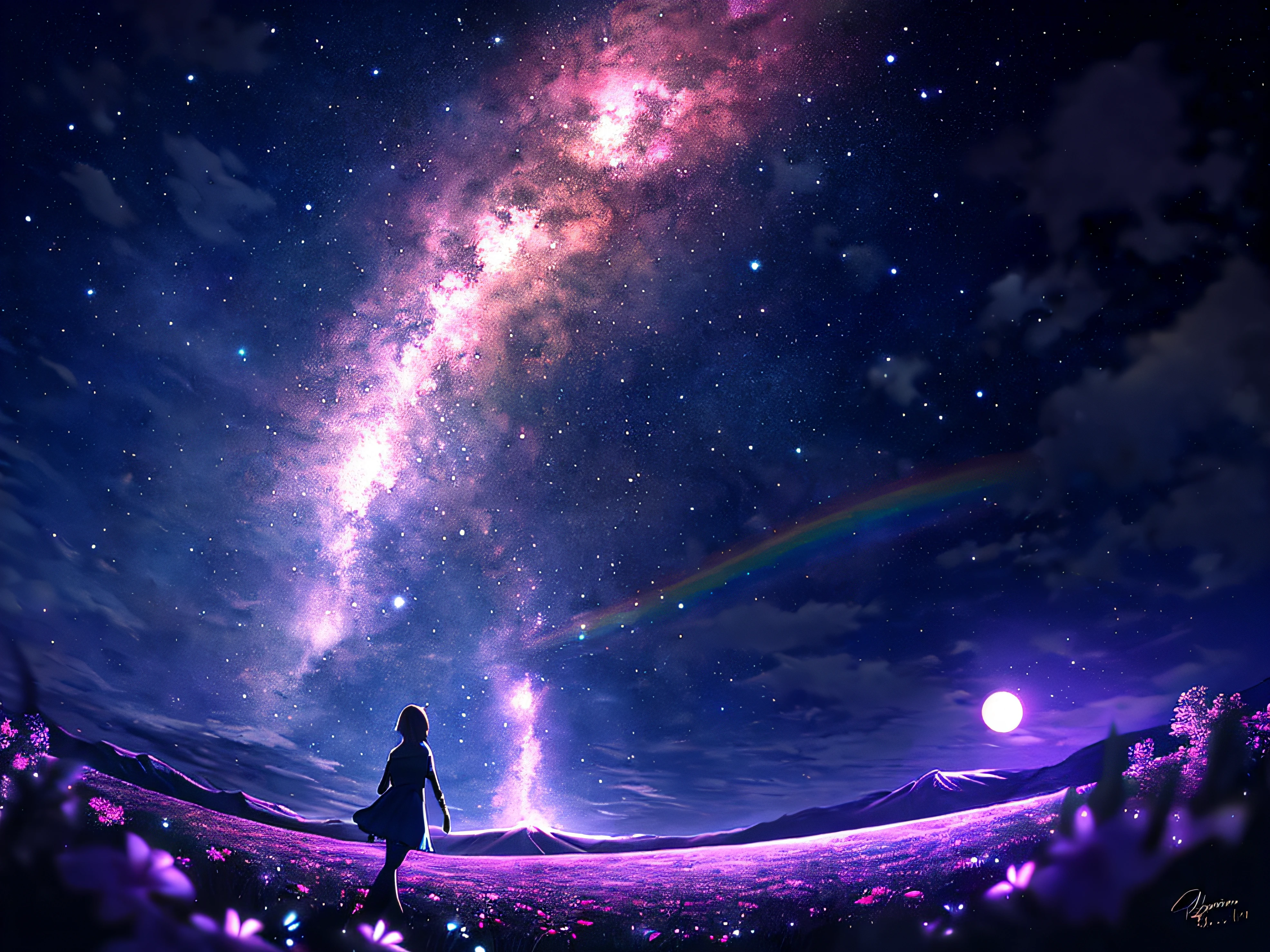 Vast landscape photo, (viewed from below, the sky is above and the open field is below), a girl standing on a flower field looking up, (full moon: 1.2), (meteor: 0.9), (nebula: 1.3), distant mountains , Trees BREAK Crafting Art, (Warm Light: 1.2), (Fireflies: 1.2), Lights, Lots of Purple and Orange, Intricate Details, Volumetric Lighting, Realism BREAK (Masterpiece: 1.2), (Best Quality), 4k, Ultra-Detailed, (Dynamic Composition: 1.4), Very Detailed, Colorful Details, (Rainbow Colors: 1.2), (Glow Lighting, Atmospheric Lighting), Dreamy, Magical, (Solo: 1.2)