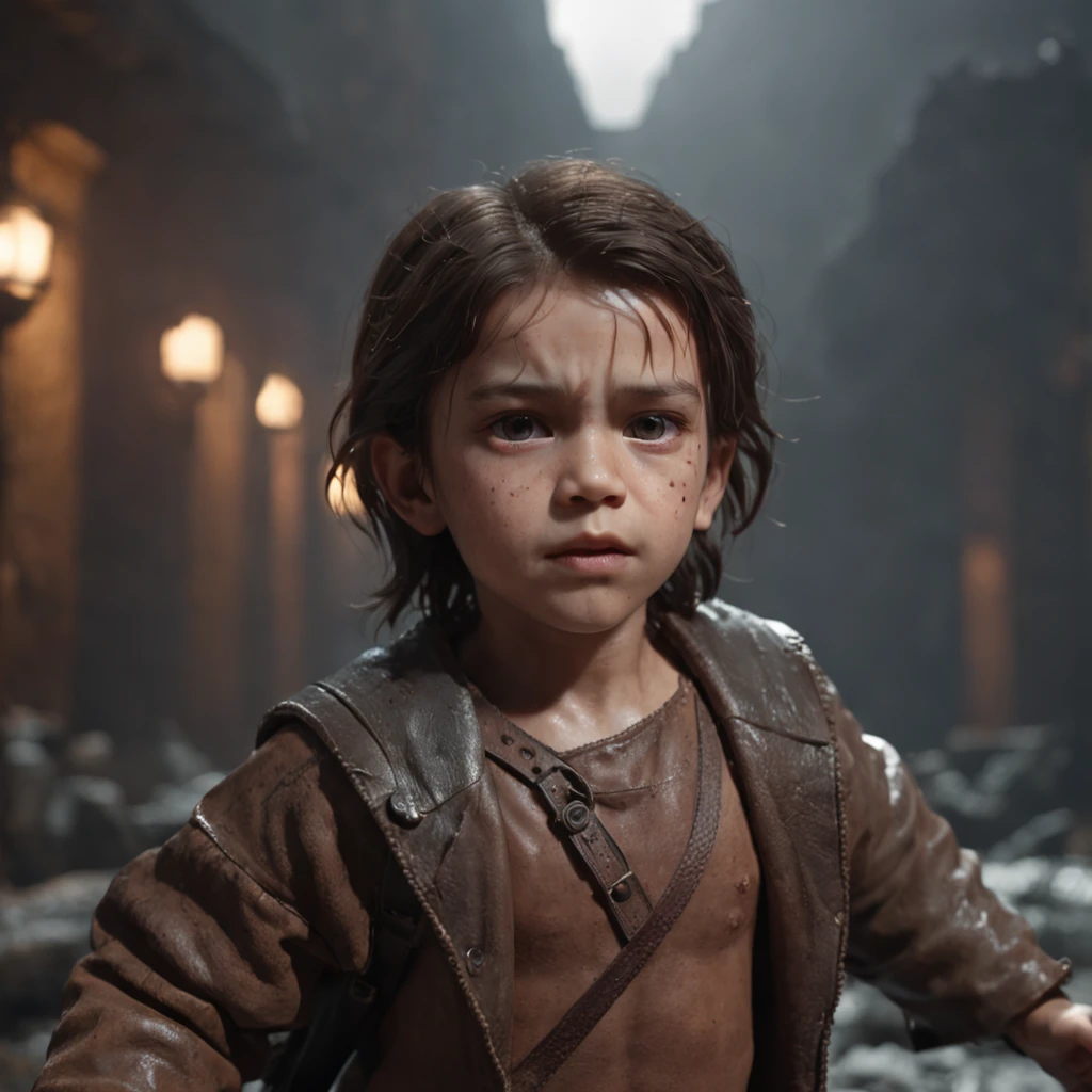 (professional 3d render:1.3) af (Realistic:1.3) The most beautiful artistic photo in the world,Soft function, Bright boy hero, ((Epic hero fantasy rough muscular littleet hero rage looks long hair short and fierce expression in dynamic pose, Fantastic location, Majestic and cluttered environment)), Full body 8K unit rendering, action shot, skin pore, very dark lighting, heavy shading, A detailed, Detal Face, (vibration, Realistic photography, Realistic, Dramatic, darkly, foco nítido, 8K), (Old leather clothing damaged due to bad weather:1.4), ((((Use skins)))), (复杂:1.4), decadent, (highly detailed:1.4), digitial painting, rendering by octane, art stations, concept-art, Liso, foco nítido, illustration, From the germ of art, (loish:0.23), wlop ilya kuvshinov, e Greg Rutkowski e Alphonse Mucha Gracias, (global ilumination, studiolight, Light volume), very heavy rain, Floating particles, lotr, fanciful, biz, Inteiroesbian body, ((Dark and ancient city background:1.3)),CGSesocieda,art stations, Listen to music