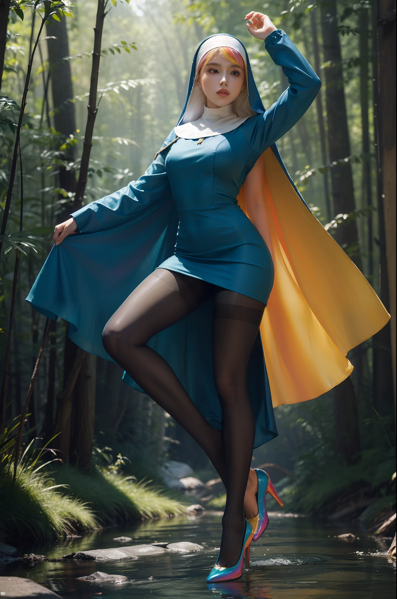 (full body:2)，(1girl:1.3),(view the viewer:1.4)，(anatomy correct:1.4),(((colorful pantyhose)):1.3), (pointed thick heels :1.3),,((Dancing By the creek in the forest):1.2),((Medieval female nun's knee-length dress suit):1.3),(Extra Long blonde Hair:1.2),(Accurate and perfect face:1.3),(Long legs and big feet:1.3),((Polished clothing):1.2),((Skin reflection , Skin Gloss):1.2)，((((( colorful)))):1.5)，hyper HD, Ray traching, reflective light， structurally correct, Award-Awarded, high detail, lighten shade contrast, Face lighting ，cinematic lighting, masterpiece, super detailing, high quality, high detail, best quality, 16k，High contrast,