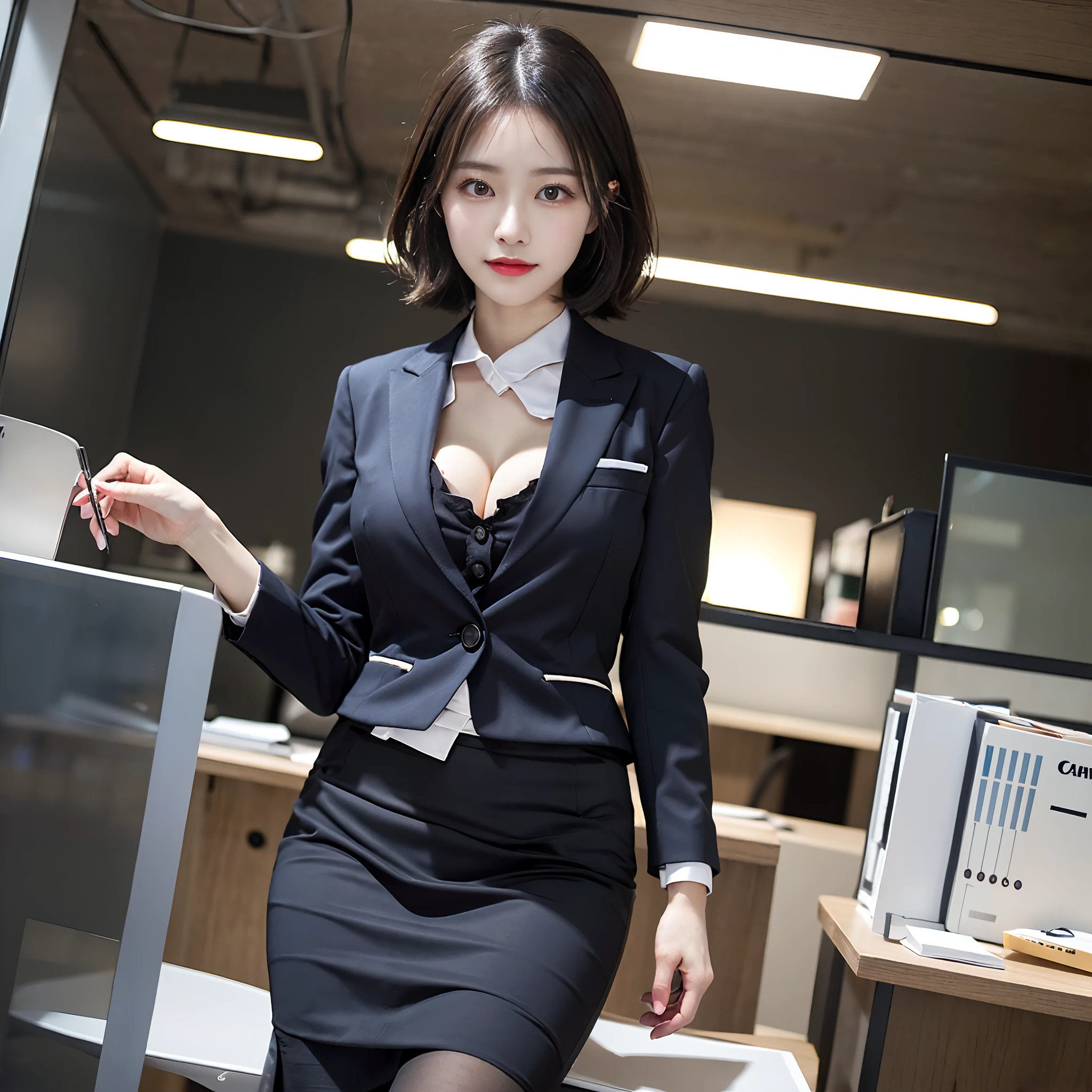 In the office stands a woman in a skirt and jacket, (((huge tit))), ((cleavage of the breast)),(( nippleless)),wearing a business suit, (((beautiful countenance))),(((big eye))),(((Beautiful eyes))),(((long lashes))),((Beautiful teeth alignment)),Wearing a strict business suit, Office Clothes, Girl in suit, Wearing a business suit, Girl in a suit, wearing tight suit, korean female fashion model, in a business suit, well lit professional photo, taken with canon 5d mk4, wearing jacket and skirt,micromini skirt
