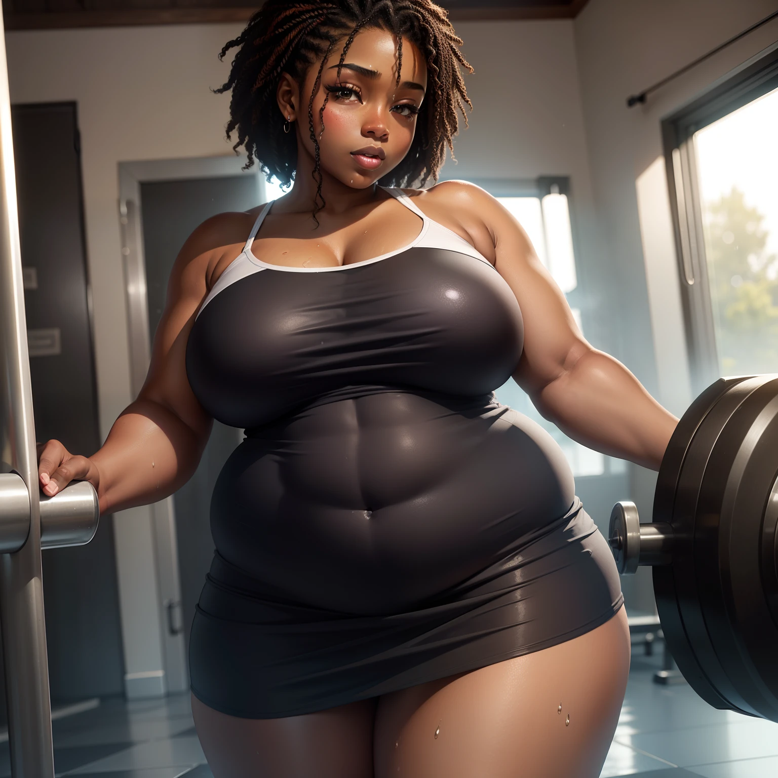 Black fat gorgeous girl with a wet t-shirt showing, (at the Gym)(holding towel)