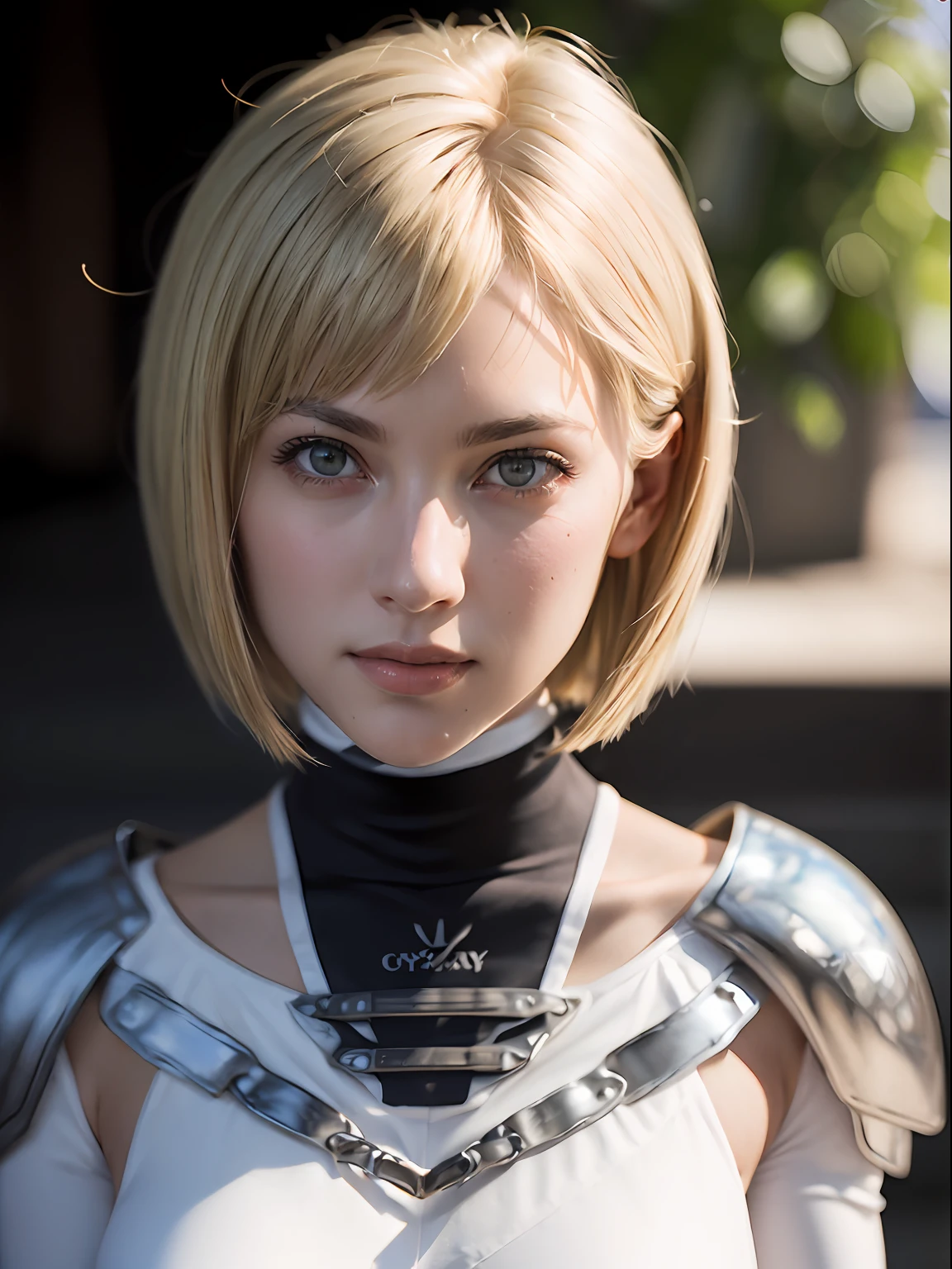 (masterpiece, best quality:1.4), (standing:1), (full body:1.4), clare, grey eyes, armor, bodysuit, blonde hair , sexy smile, 1girl, beautiful face, (highly detailed face), highly detailed eyes, highly detailed skin, skin pores, subsurface scattering, realistic pupils, medium breast, full face blush, full lips, detailed background, depth of field, volumetric lighting, sharp focus, absurdres, realistic proportions, good anatomy, (realistic, hyperrealistic:1.4), 16k hdr,