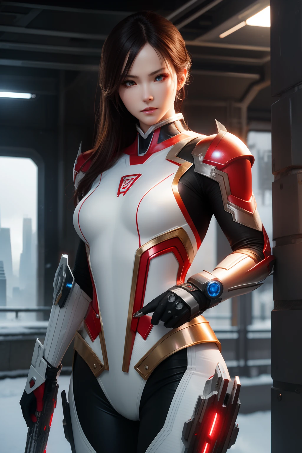 ​masterpiece、top-quality、hight resolution、cyberpunked、Real with creativity、White and red metal body、Slender woman、Beast Woman、Ultraman、snow-white body、(Stance:1.1)、Biomechanics、 Megacities of the future、Dramatic Lighting、Beam rifle in hand、