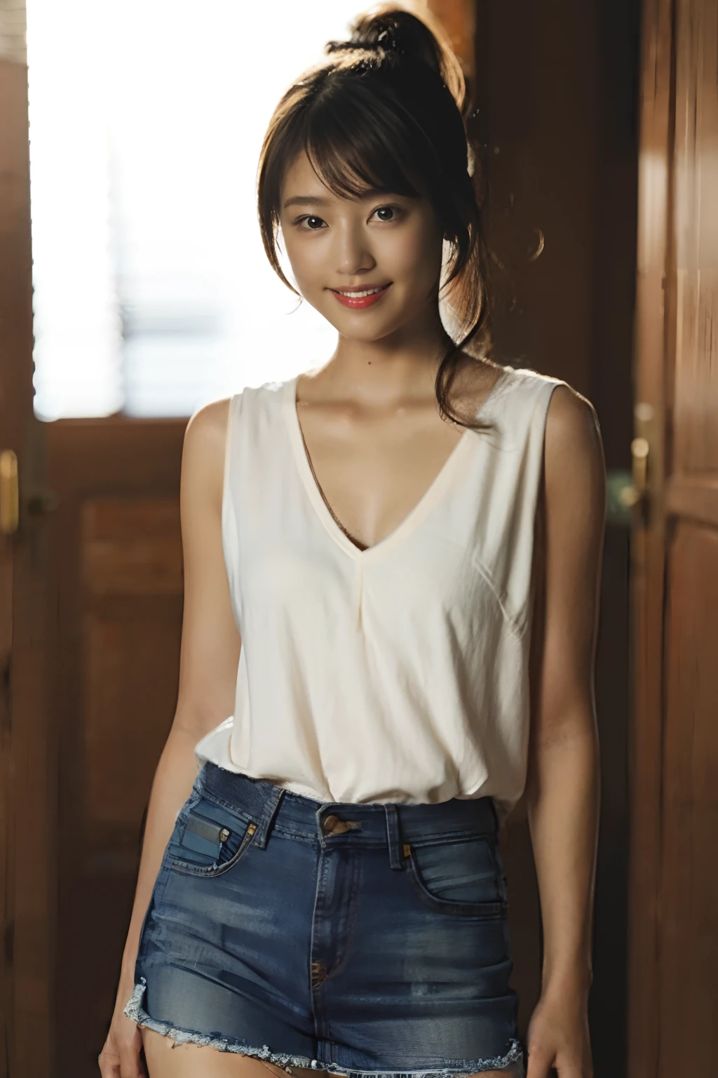 (8K、Raw photography、top-quality、masterpiece:1.2)、(realisitic、Photorealsitic:1.37)、Ultra mini skirt、White shorts、ultra-detailliert、Full body posture、Beautiful constriction、Sleeveless、超A high resolution、1人、Denim skirt、Low-rise miniskirt、Beautiful navel、beautiful thigh、Beautiful bust、flaxen ponytail、Short clothing、see the beholder、beautifull detailed face、A smile、Constriction、(Slim waist) :1.3)、The shirt、Beautiful detailed skin、Skin Texture、floated hair、profetional lighting、