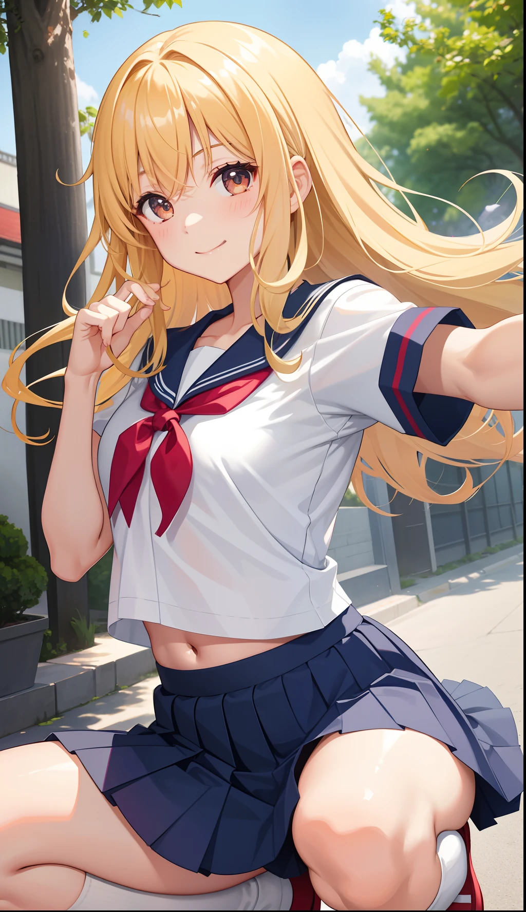 1girl in、A smile、The shirt、skirt by the、(small tits)Chilarism、Japan High School Student Uniform、serafuku、summer clothing、(Sheer Bra)、Upper body portrait、blonde hair、Dynamism!!Running with the wind、Squatting panchira、