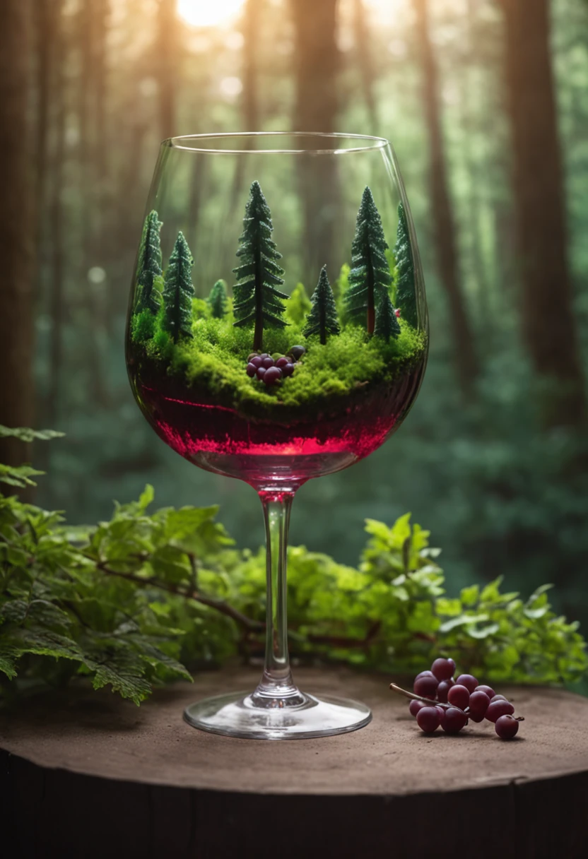 Fantasy forest in a glass of wine, neon light, Realistic, brilhar