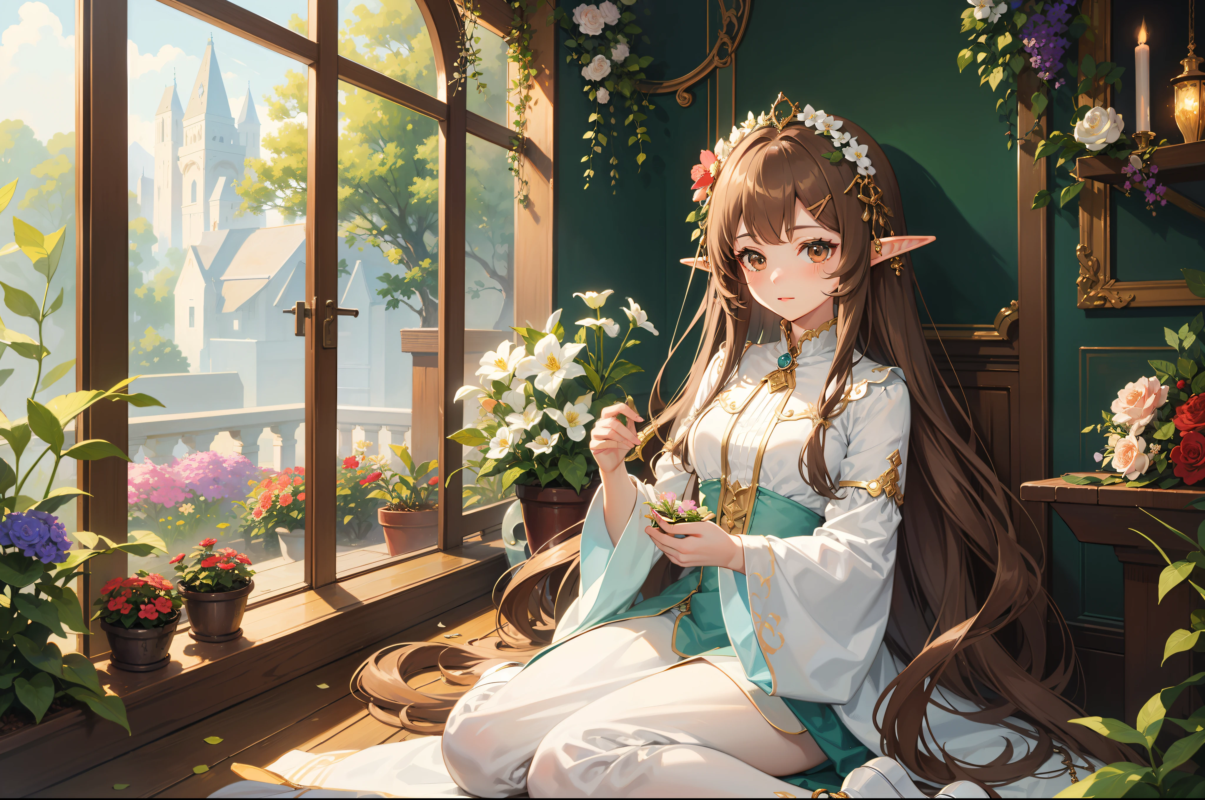 Elf Girl，light brown hair，length hair，brown eyes , shiny skins，A princess，Extremely detailed CGunity8 wallpaper，tmasterpiece，（ultra detali），（illustratio），（Flower hairpins，Flowers，gardener），grow，naturey，high-heeled，Complete clothes