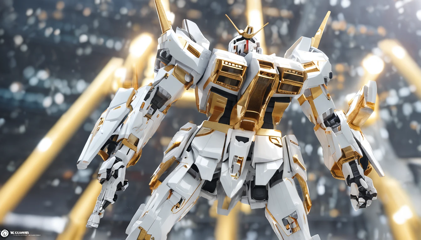 The picture shows the white and gold Gundam。, The styles in the intersecting plane are very realistic, grandeur of scale, Playful and complex, Glassy translucent, posing elegantly, super detailing, Maxon Cinema 4D, High detail, 32k --s 1000 --清漆 --AR 9:16