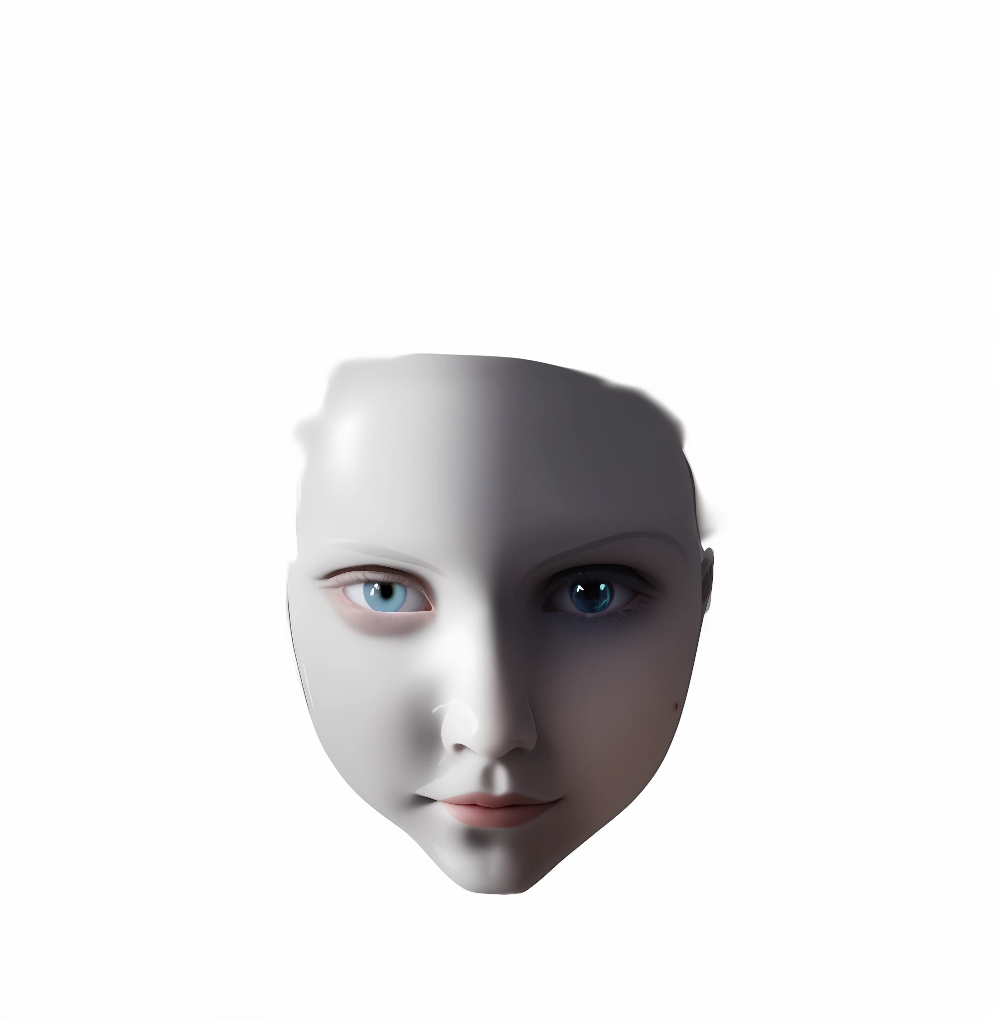 There is a white face with blue eyes and white nose, rosto branco brilhante, porcelana rosto branco, pale white face, pele branca e olhos reflexivos, Rosto de um ser humano, face transparente, rosto branco, rosto humanoide, rosto borrado, imagem do rosto, face normal, simetrical face, com olhos brancos, child hybrid, Retrato humanoide, rosto mostrado