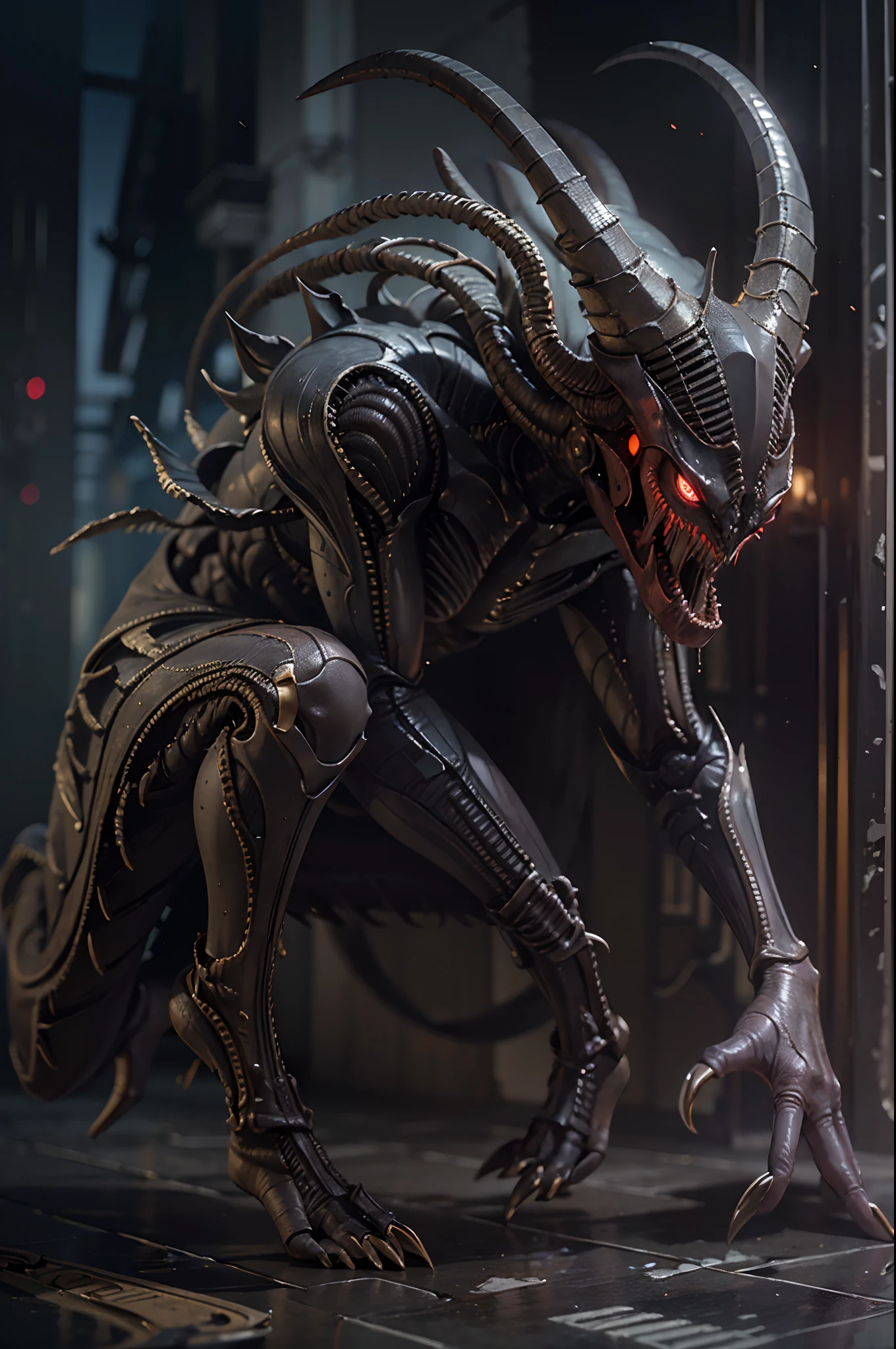 Invading alien xenomorphs，Wolf-faced zombies，A lot of hair is long，Long horn，uncanny，blood vess，，Murderous，Full body like，combats，The city was destroyed，of a real，Facial features are carefully depicted，Realistic skin texture，Dark style，depth of fields，high light，Real light，Ray traching，oc rendered，Hyper-realistic，best qualtiy，8K，Works of masters，super-fine，Detailed pubic hair，Correct anatomy，sharp focus on eyes，Bokeh，Facial features are carefully depicted