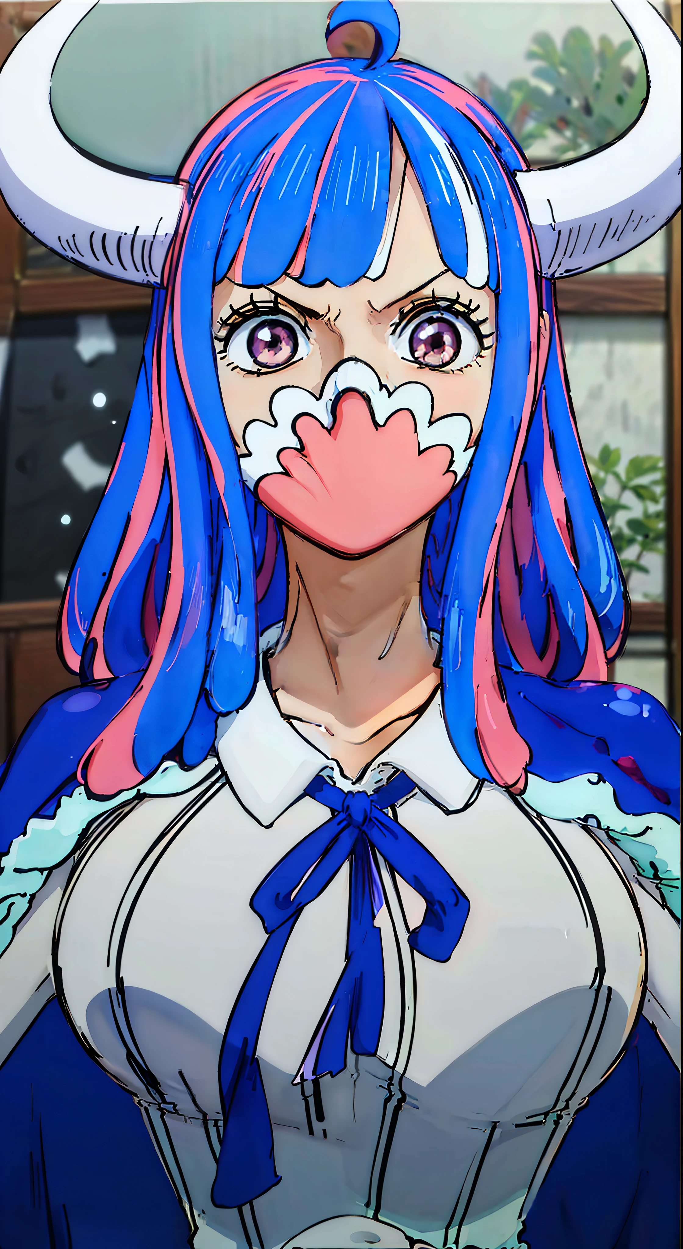 (masterpiece, best quality:1.4), cinematic light, colorful, high contrast, (1girl), UltiOP, onepieceanime, ((large breasts)), multicolored hair, long hair, blue hair, pink hair, bangs, horns, blush, armpits, night, bath, bathing, nude, desnudo
