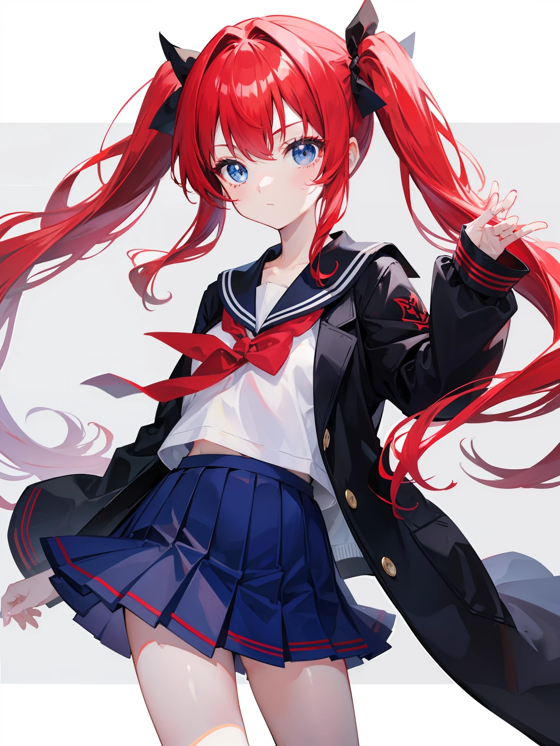 red hair, blue eyes, twintails, Sailor suit,black coat, Pleated skirt,solo,loli,cute,bow