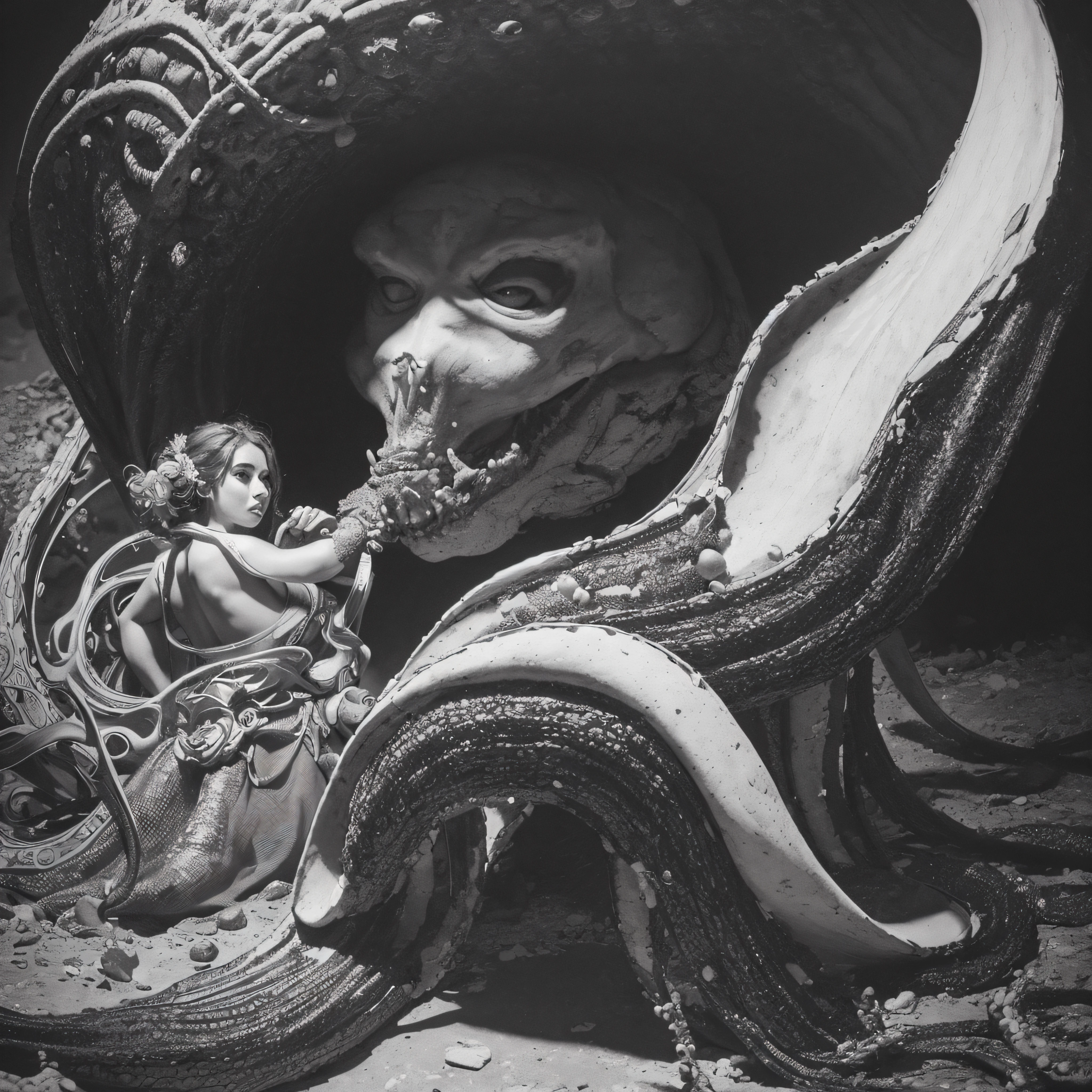 (extremadamente detallado, obra maestra, La mejor calidad, Under the Ocean), Estilo oscuro, volumetric illumination. armadura medieval, rostro con arrugas, lengua larga, tentacle, deforme, imagen submarina vista desde el exterior, pico de pulpo amenazante. manchas de tinta. Rococo composition. Luz de caravaggio