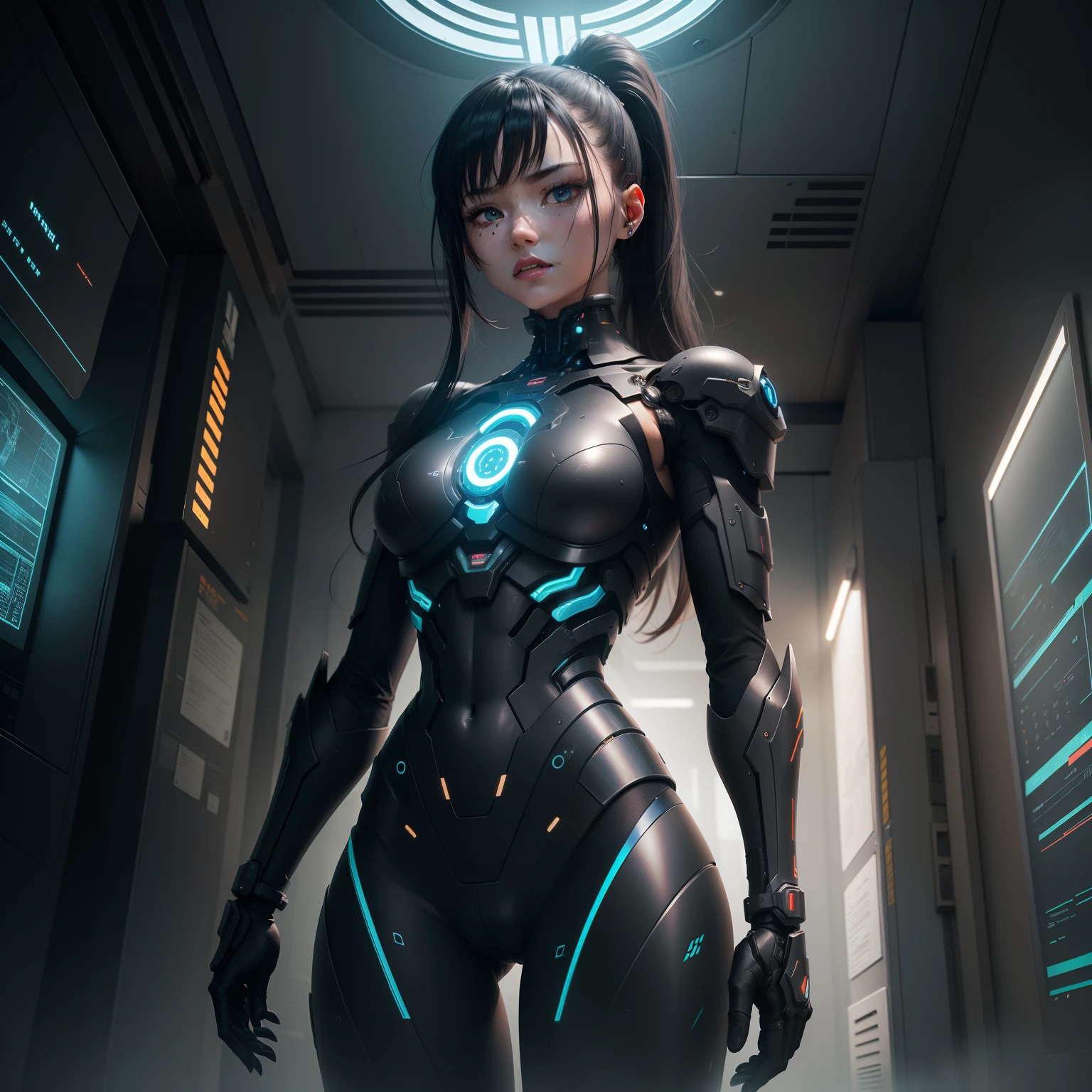 mono: The illustration is、It depicts a series of stages that show the process of evolution from humans to cyborgs。At the first stage、Human outlined、Skin color and body contours are vividly expressed。
The location: The inside of a futuristic research facility is depicted。The walls of the facility are glazed、You can see through the scenery outside、You can see the advanced technology and equipment inside.。
state: From the first stage to the final cyborg form、Each step of evolution is interwoven。At first, it looks like a human.、Gradually mechanical parts are incorporated、The process of being joined is depicted。At the final stage、Cyborg skeleton and synthetic armor make its presence felt。
Theme styles: The illustrations are drawn in a style that blends elements of cyberpunk and biomechanics。Darker tones dominate、Attention to detail and high-tech textures add visual interest。