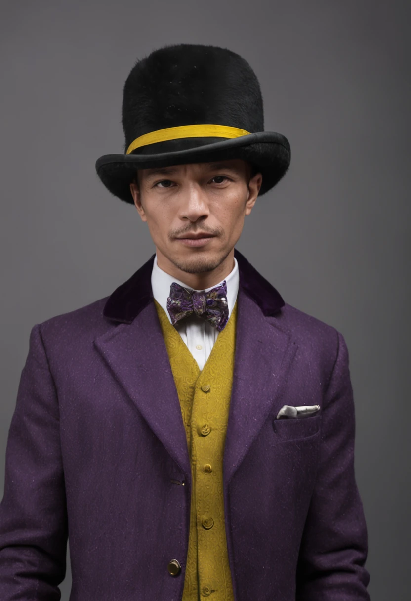 texugo animal gangster, corpo humano, usando um smoking roxo, com detalhes amarelo, with a black and purple hat, fotorrealista, correntes de ouro, texugo com pelos detalhados, ultra-realista, guaxinim, vestindo roupas de gansgter, bonito, foto retrato, question marks.