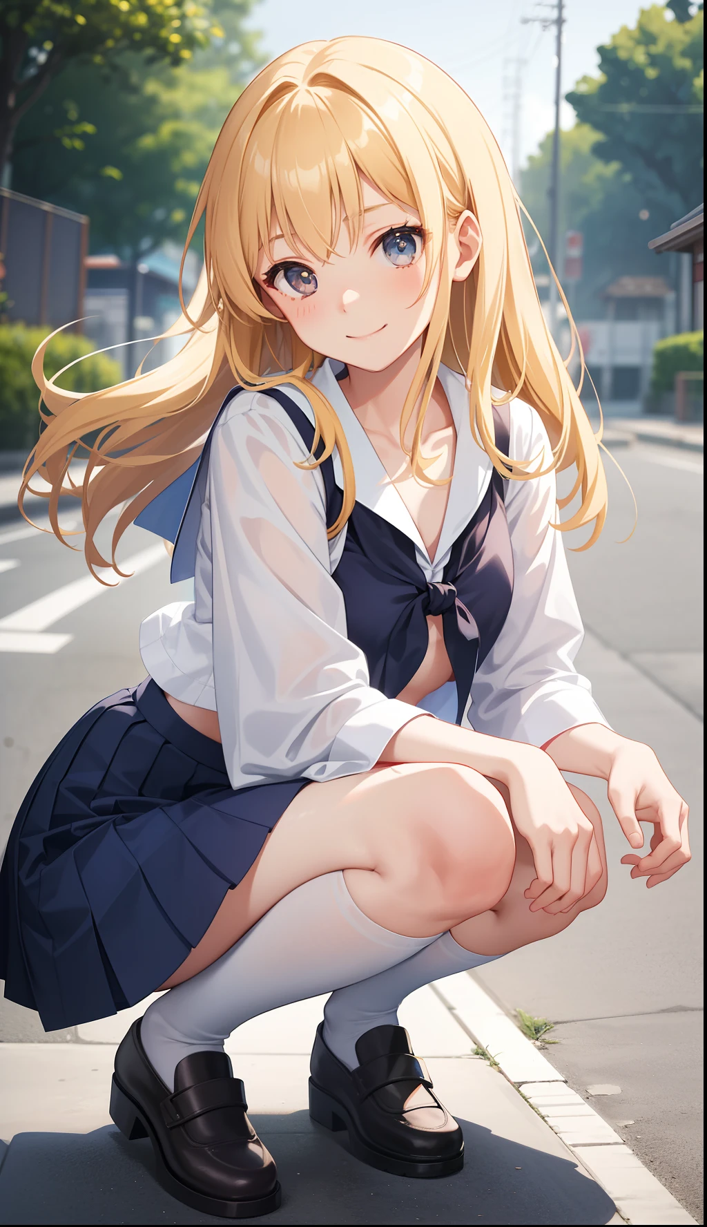 1girl in、A smile、The shirt、skirt by the、（small tits）Chilarism、Japan High School Student Uniform、serafuku、summer clothing、Run briskly、（Sheer Bra）、Upper body portrait、blonde  hair、Squatting panchira、