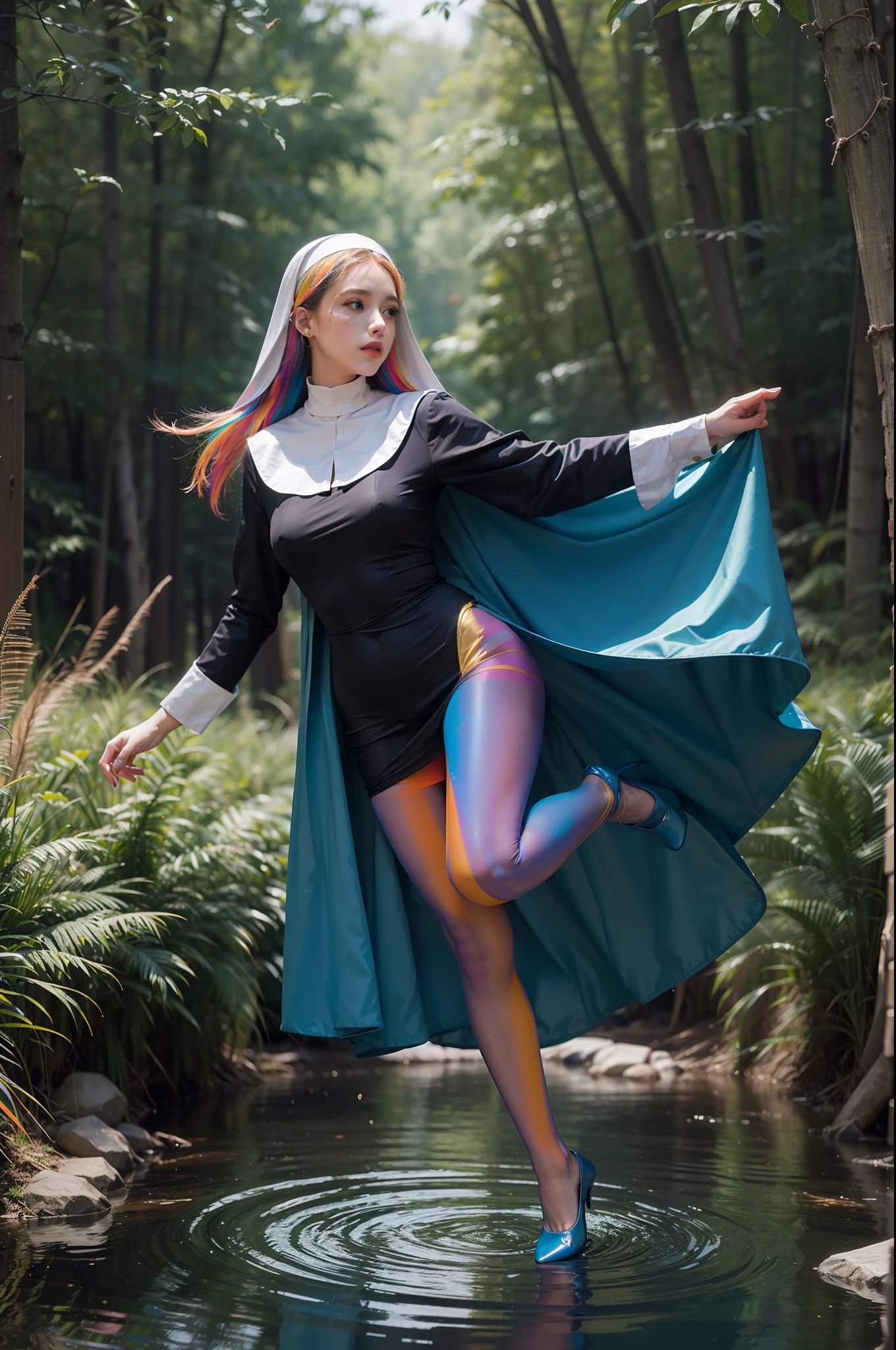 (full body:2)，(1girl:1.3),(view the viewer:1.4)，(anatomy correct:1.4),(((colorful pantyhose)):1.3), (pointed thick heels :1.3),,((Dancing By the creek in the forest):1.2),((Medieval female nun's knee-length dress suit):1.3),(Extra Long blonde Hair:1.2),(Accurate and perfect face:1.3),(Long legs and big feet:1.3),((Polished clothing):1.2),((Skin reflection , Skin Gloss):1.2)，((((( colorful)))):1.5)，hyper HD, Ray traching, reflective light， structurally correct, Award-Awarded, high detail, lighten shade contrast, Face lighting ，cinematic lighting, masterpiece, super detailing, high quality, high detail, best quality, 16k，High contrast,