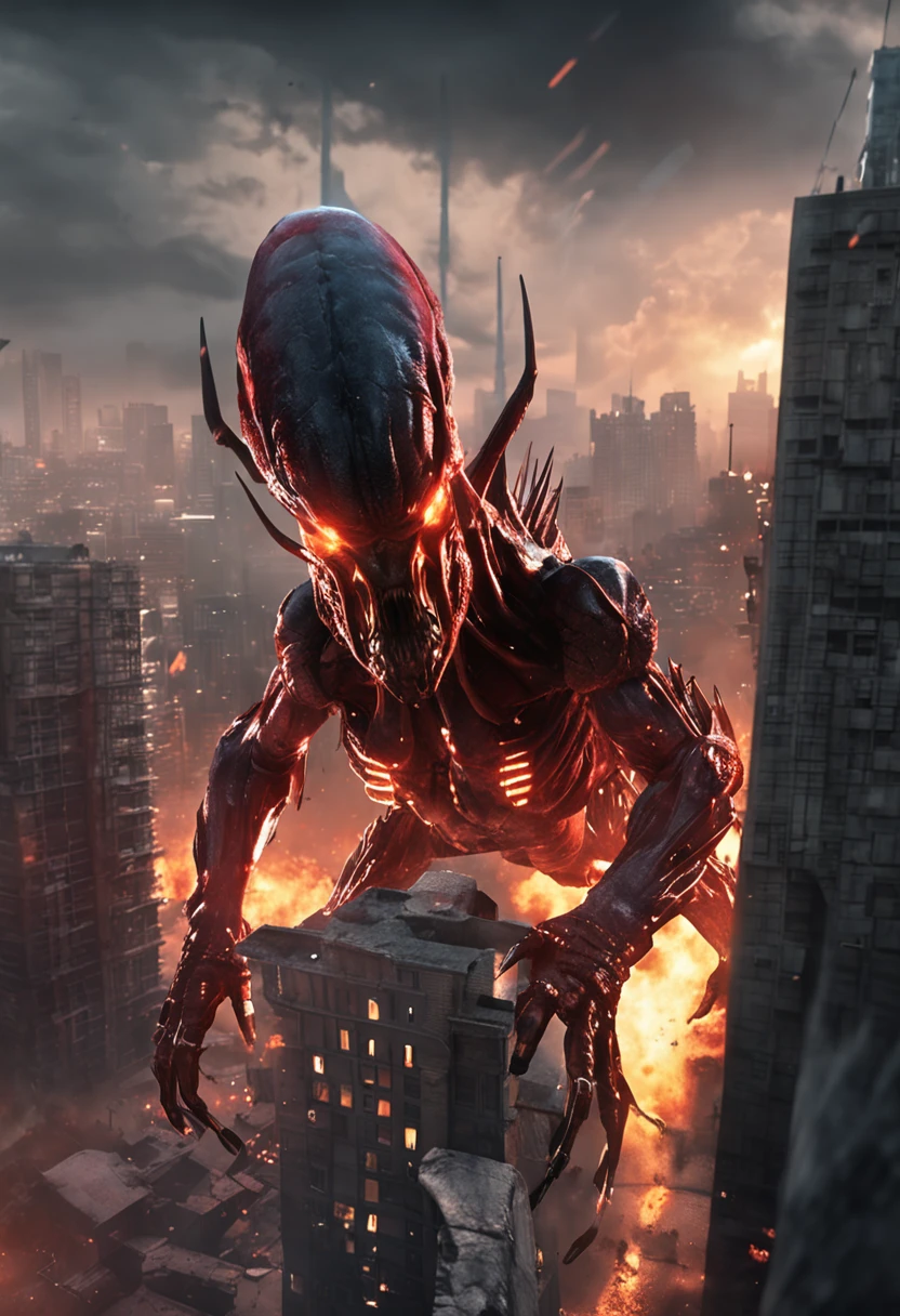 Cinematic image effects，Invading aliens，Invasive crayfish，Huge pliers，uncanny，blood vess，，Murderous，Full body like，combats，The city was destroyed，Dispersed crowds for their lives，blasts，fire glow，废墟，of a real，Facial features are carefully depicted，Realistic skin texture，Dark style，depth of fields，high light，Real light，Ray traching，oc rendered，Hyper-realistic，best qualtiy，8K，Works of masters，super-fine，Detailed pubic hair，Correct anatomy，sharp focus on eyes，Bokeh，Facial features are carefully depicted