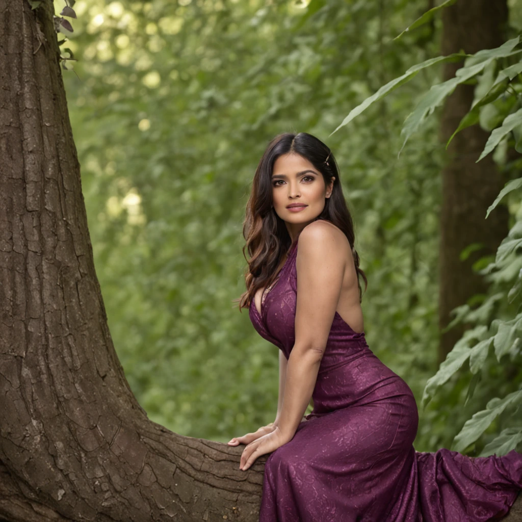 Salma Hayek, Purple bikini, smiles slyly, Against the backdrop of a magical forest, in a wonderful forest, Large plums grow on a large tree, good tits, Hot Pose, Hot photo, leans forward, Hands Behind Your Back, Very realistic, candid photo