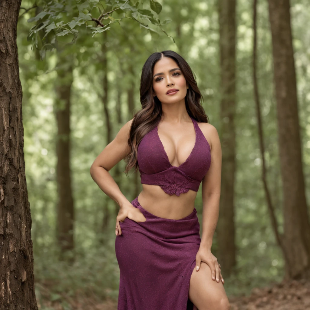 Salma Hayek, Purple bikini, smiles slyly, Against the backdrop of a magical forest, in a wonderful forest, Large plums grow on a large tree, good tits, Hot Pose, Hot photo, leans forward, Hands Behind Your Back, Very realistic, candid photo