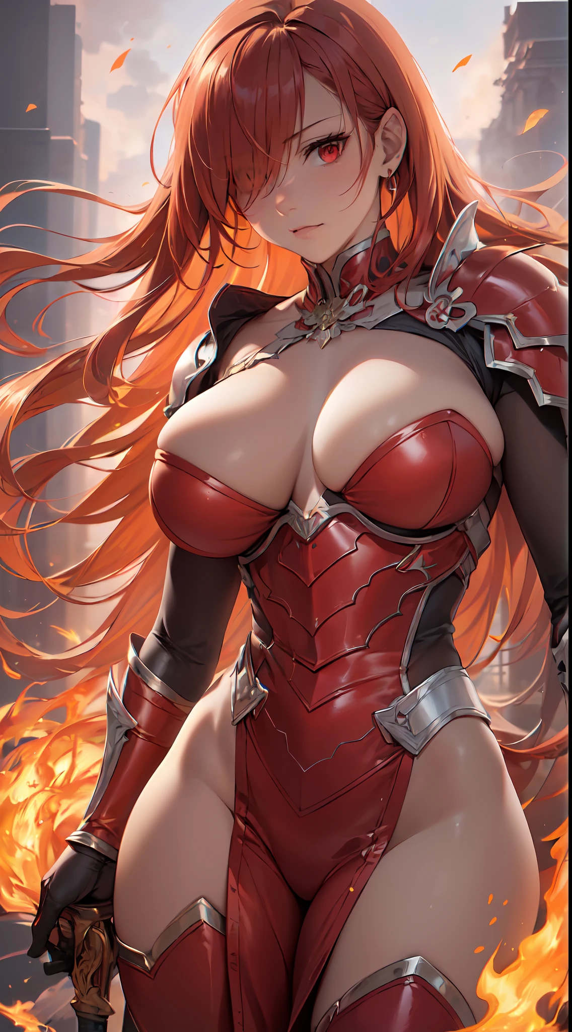 (masutepiece:1.5), the Extremely Detailed CG Unity 8K Wallpapers,(Realistic,Photorealsitic,hyper realisitic:1.5),(during daytime,bloom:1.4),(Curve,Model,glamor:1.5),Beautiful breasts,Farbe_aberration,beautiful detailed shadow,Beautiful eyes,Beautiful body,Beautiful skin,beautifull hands,(Western armor:1.4),(Red hair,Long hair,Red Eyes:1.5)、(Holding a flaming sword in his hand,Holding a sword:1.4),(Large_breasts:1.5),Rin々Shishi Face,(A well-proportioned and perfect body:1.5),intricate detailes, from a_Below, shiny_skin, (Hair over one eye:1.2), side locks, (Hair fluttering in the wind:1.3), (Burning feathers:1.4),Anime girl with red hair and sword in front of the city, female redhead templar,redhead queen in heavy red armor, lady in red armor, Red armor, armor girl,