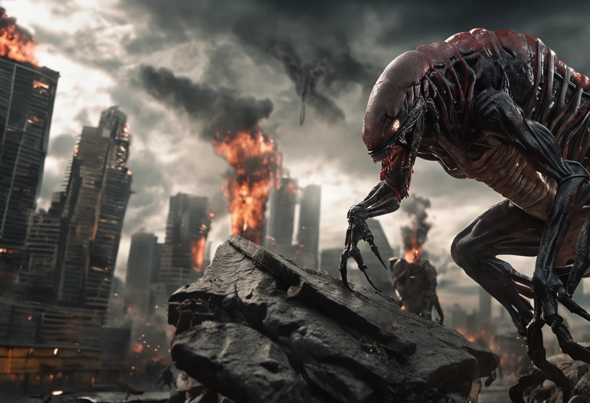 Cinematic image effects,Invading aliens,Invasive crayfish,Huge pliers,uncanny,blood vess,,Murderous,Full body like,combats,The city was destroyed,Scattered crowds for their lives,blasts,fire glow,废墟,of a real,Facial features are carefully depicted,Realistic skin texture,Dark style,depth of fields,high light,Real light,Ray traching,oc rendered,Hyper-realistic,best qualtiy,8K,Works of masters,super-fine,Detailed pubic hair,Correct anatomy,sharp focus on eyes,Bokeh,Facial features are carefully depicted