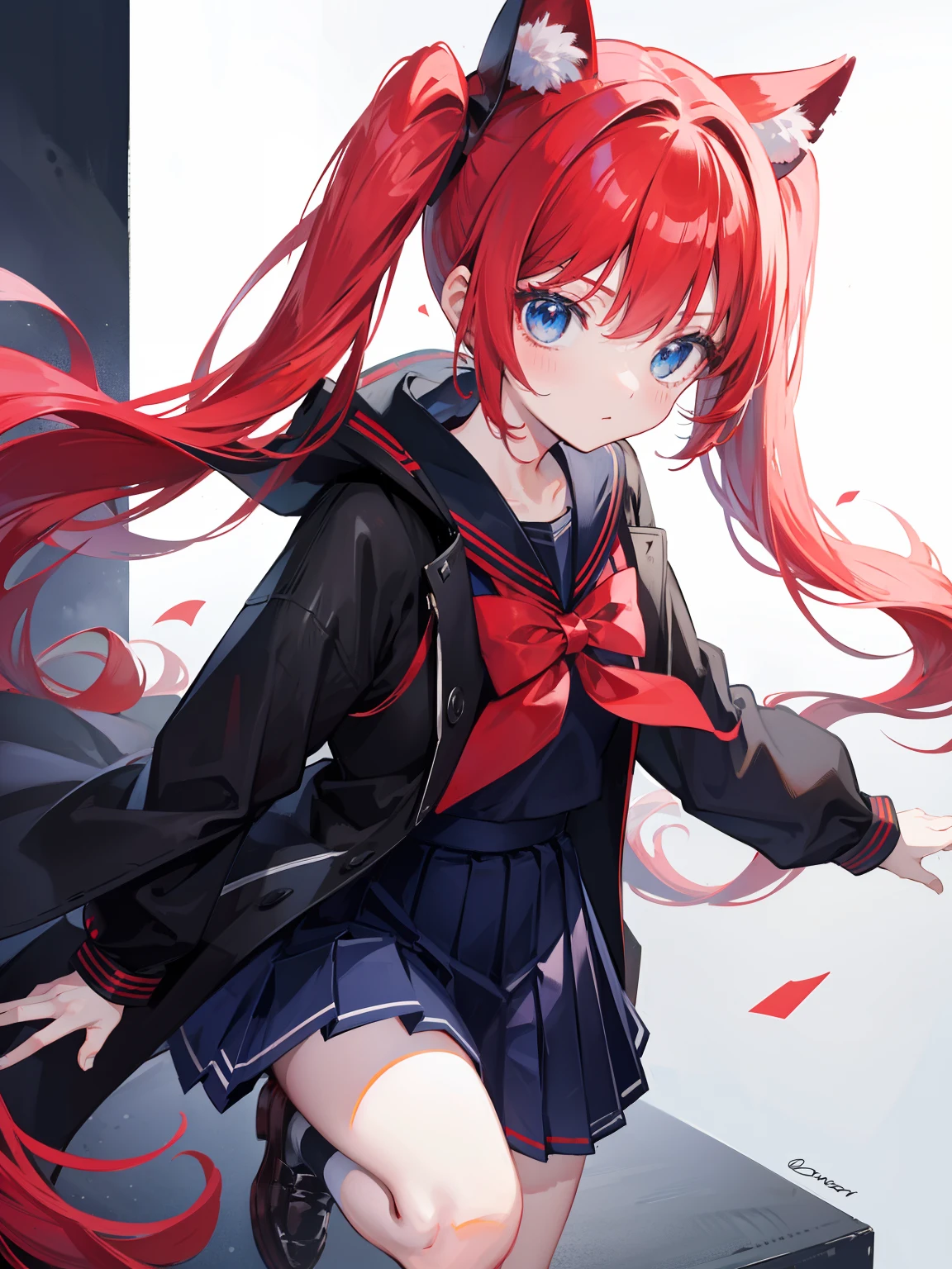red hair, blue eyes, twintails, Sailor suit,black coat, Pleated skirt,solo,loli,cute,bow