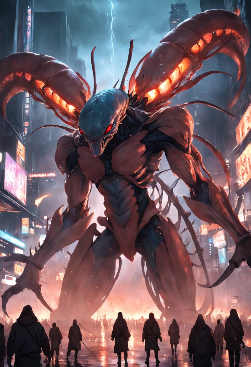Cinematic image effects，Invading aliens，Invasive crayfish，Huge pliers，uncanny，blood vess，，Murderous，Full body like，combats，The city was destroyed，Dispersed crowds for their lives，blasts，fire glow，废墟，of a real，Facial features are carefully depicted，Realistic skin texture，Dark style，depth of fields，high light，Real light，Ray traching，oc rendered，Hyper-realistic，best qualtiy，8K，Works of masters，super-fine，Detailed pubic hair，Correct anatomy，sharp focus on eyes，Bokeh，Facial features are carefully depicted