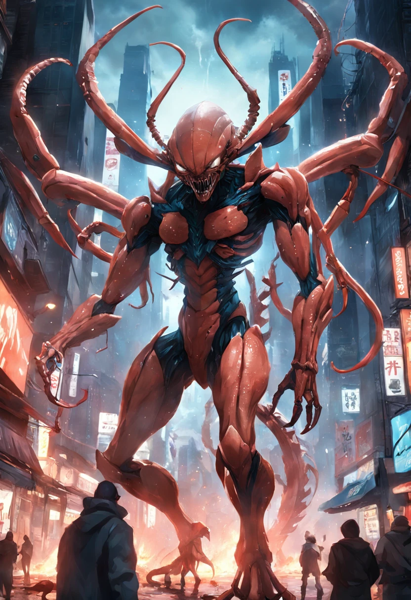 Cinematic image effects，Invading aliens，Invasive crayfish，Huge pliers，uncanny，blood vess，，Murderous，Full body like，combats，The city was destroyed，Dispersed crowds for their lives，blasts，fire glow，废墟，of a real，Facial features are carefully depicted，Realistic skin texture，Dark style，depth of fields，high light，Real light，Ray traching，oc rendered，Hyper-realistic，best qualtiy，8K，Works of masters，super-fine，Detailed pubic hair，Correct anatomy，sharp focus on eyes，Bokeh，Facial features are carefully depicted
