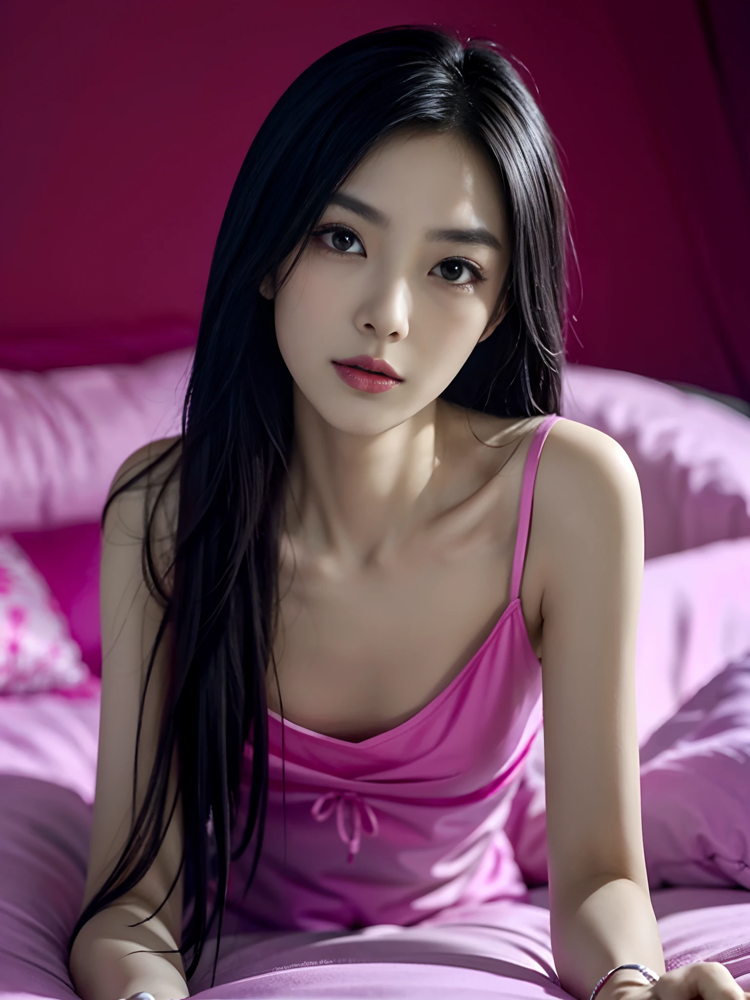 tmasterpiece,best qualtiy,Chinese gentle and cute beauty,Delicate sexy collarbone navel,,Charming goose egg face,Long straight hair in medium black,二重まぶた,watery big eyes,Beautiful lips,Small upturned nose,cropped shoulders,Focus on the face,closeup of face,hyper HD,super detailing,fully body photo,Ultra-thin light transmission,Optimal proportions,Big fox tail,In a luxurious palace,on top of the bed,Small chest,flatchest,Slim,emaciated,Purple-pink placket V-neck nightdress,(Naked:1.6),nighttime scene,Dim light,Crawling on all fours