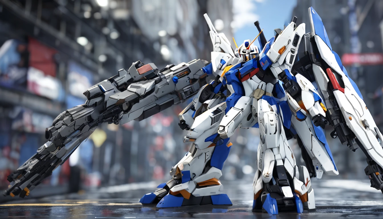 The picture shows white and blue Gundam。, The styles in the intersecting plane are very realistic, grandeur of scale, Playful and complex, Glassy translucent, posing elegantly, super detailing, Maxon Cinema 4D, High detail, 32k --s 1000 --清漆 --AR 9:16