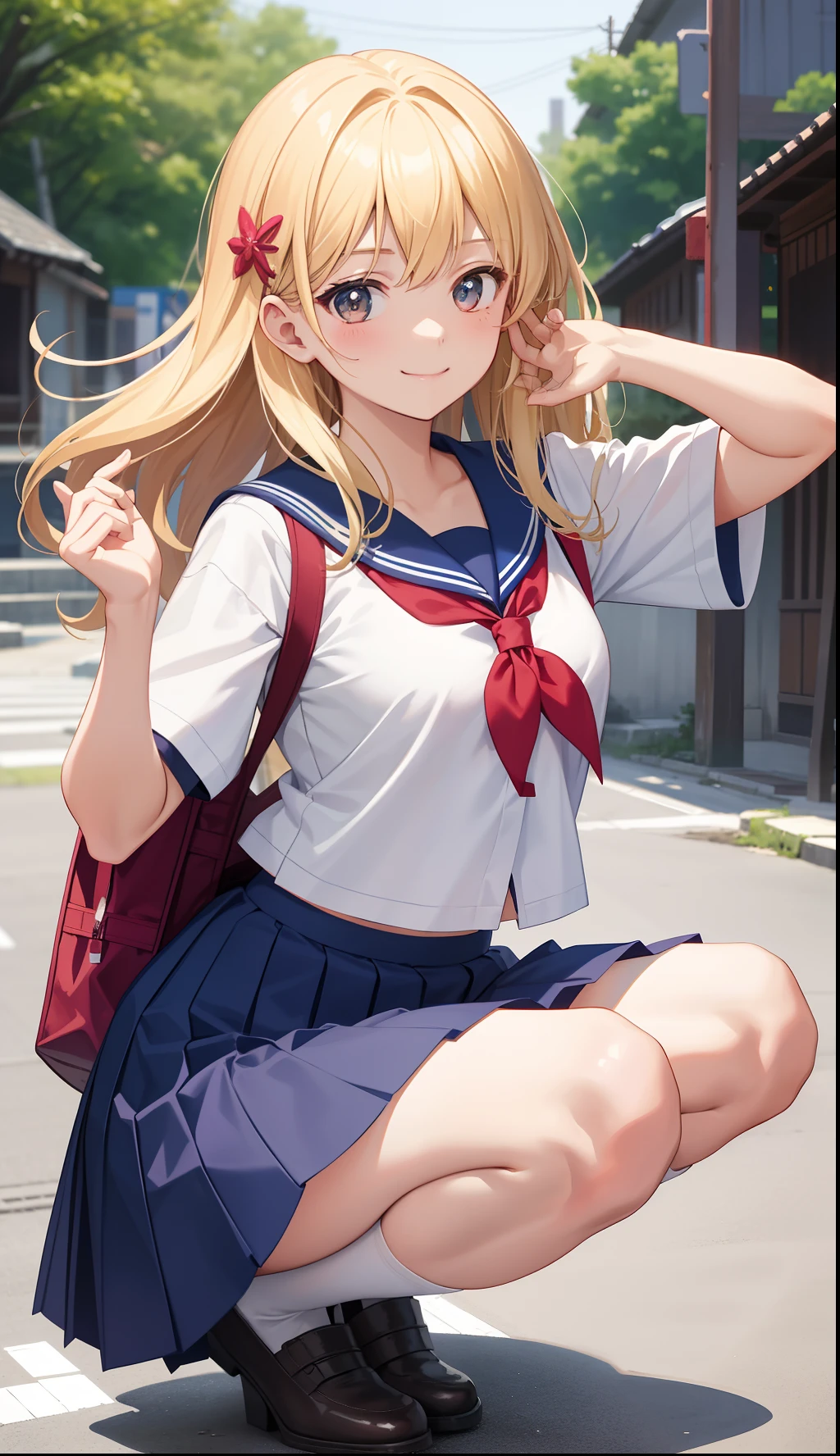 1girl in、AS-Adult、The shirt、skirt by the、(small tits)Chilarism、Japan High School Student Uniform、serafuku、summer clothing、(Sheer Bra)、Upper body portrait、the wind、Squatting panchira、
