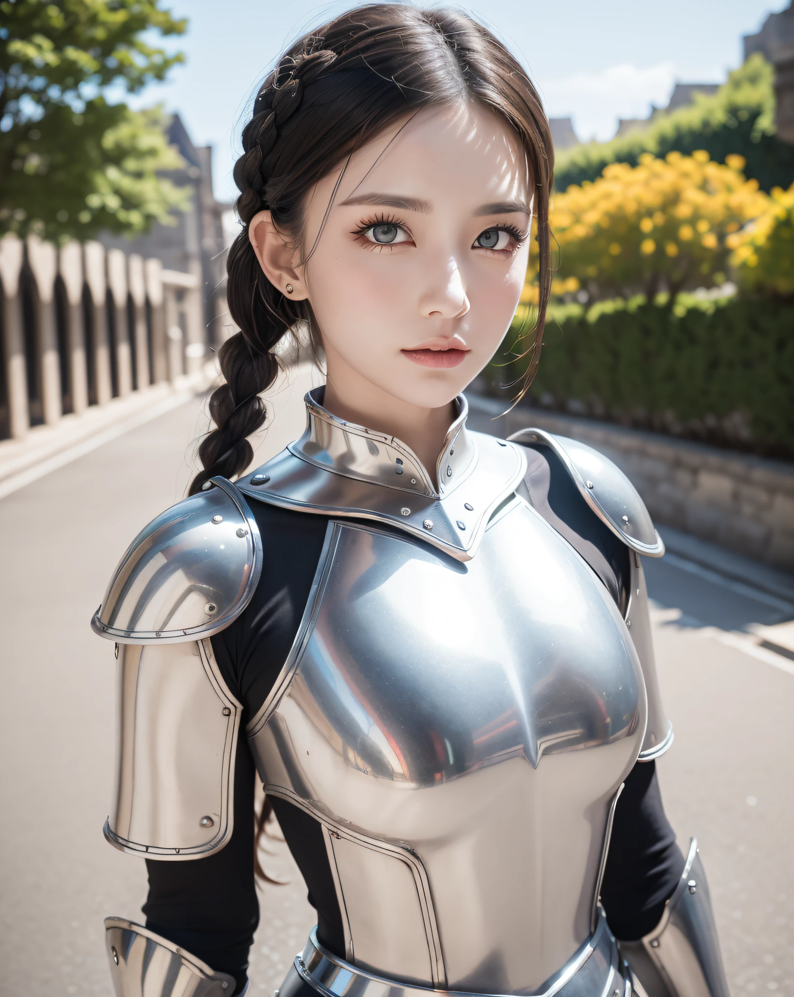(masterpiece, best quality),(extremely intricate:1.3), (realistic), 1girl, milf, caucasian, green eyes, perfect eyes, perfect iris, perfect pupils, perfect lips,perfect nose, perfect hands, very detailed hands, perfect fingers, black hair, short hair, straight hair, small braid in her hair, (medieval armor), metal reflections, (((silver armor))), outdoors, far away castle, (ornately decorated armor), (insanely detailed, bloom:1.5), chainmail, intense sunlight, professional photograph of a stunning woman detailed, sharp focus, award winning, cinematic lighting, blurry background, upper body, ((confident)), (Pose:looking at the camera),mecha
