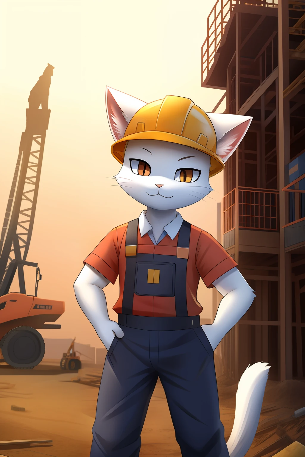 White cat, Dressed as a worker at a construction site in Japan, Raise one arm and point to the right、White cat standing next to excavator