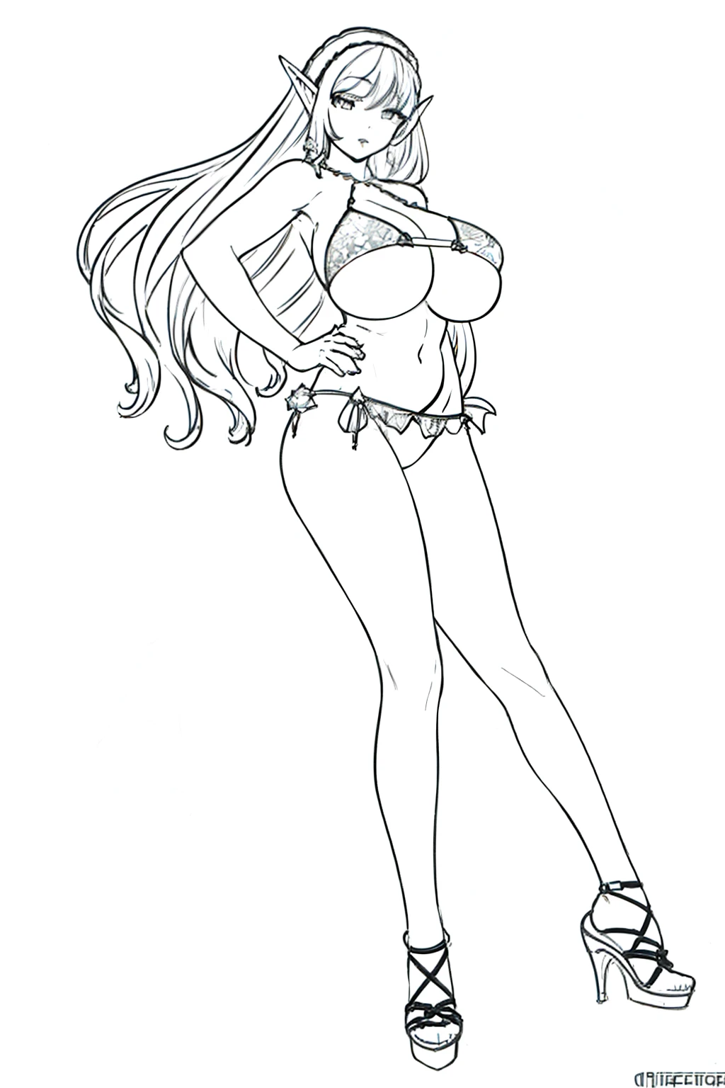 masterpiece, best quality, (detailed background),High contrast,1girl,full body, Bikini, (white background:1.5), ((sketch)), clean lineart, Huge Breasts, Elf, Sexy Pose, round ass