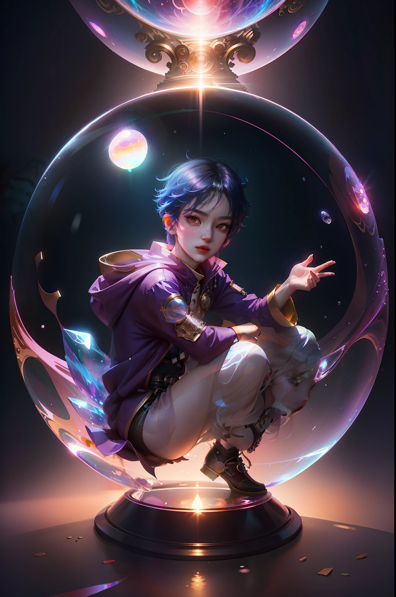 Anime character sitting in bubbles with glowing light, artwork in the style of guweiz, guweiz, ross tran 8 k, by Yang J, by Yanjun Cheng, ross tran style, ross tran and bayard wu, guweiz on artstation pixiv, guweiz on pixiv artstation, guweiz masterpiece