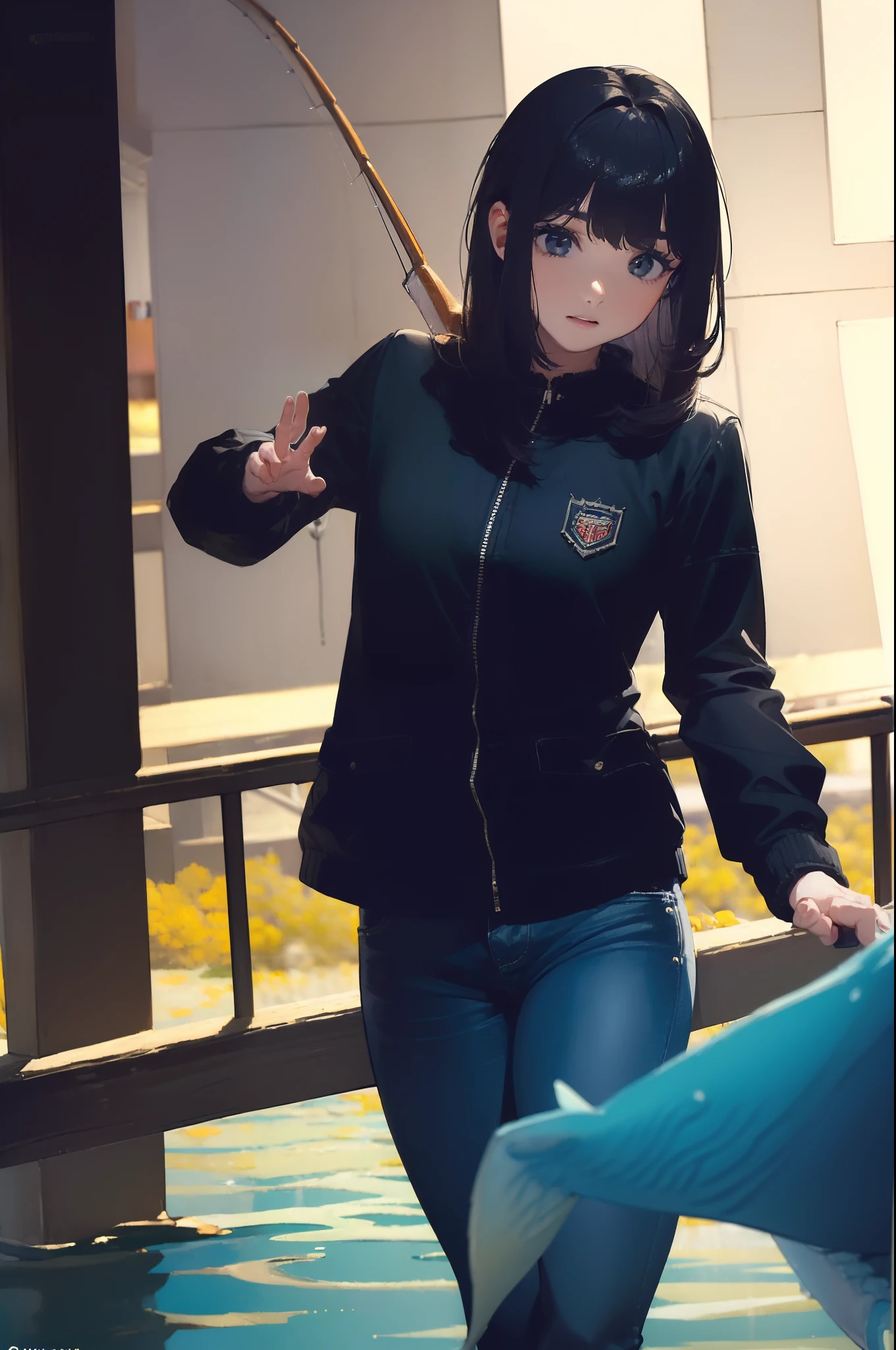 ((((Catching a big fish by the lakeside:1.5)))),((Female 28 years old)),((Best Quality:1.5)),(((Hands with the correct number and structure of fingers:1.4))),((Big fish:1.37)),hight resolution,ultra-detailliert,​masterpiece,best qualtiy,Eight-headed body,Black hair, long eyeslashes, Solid Circle Eyes, drop shadow, Atmospheric perspective,Super Detail, ccurate, small brest,(Black jacket and black jeans :1.1),top-quality, blurry backround, bokeh dof:1.2, (​masterpiece:1.3),  Atmospheric perspective,Super Detail,dynamic compositions,