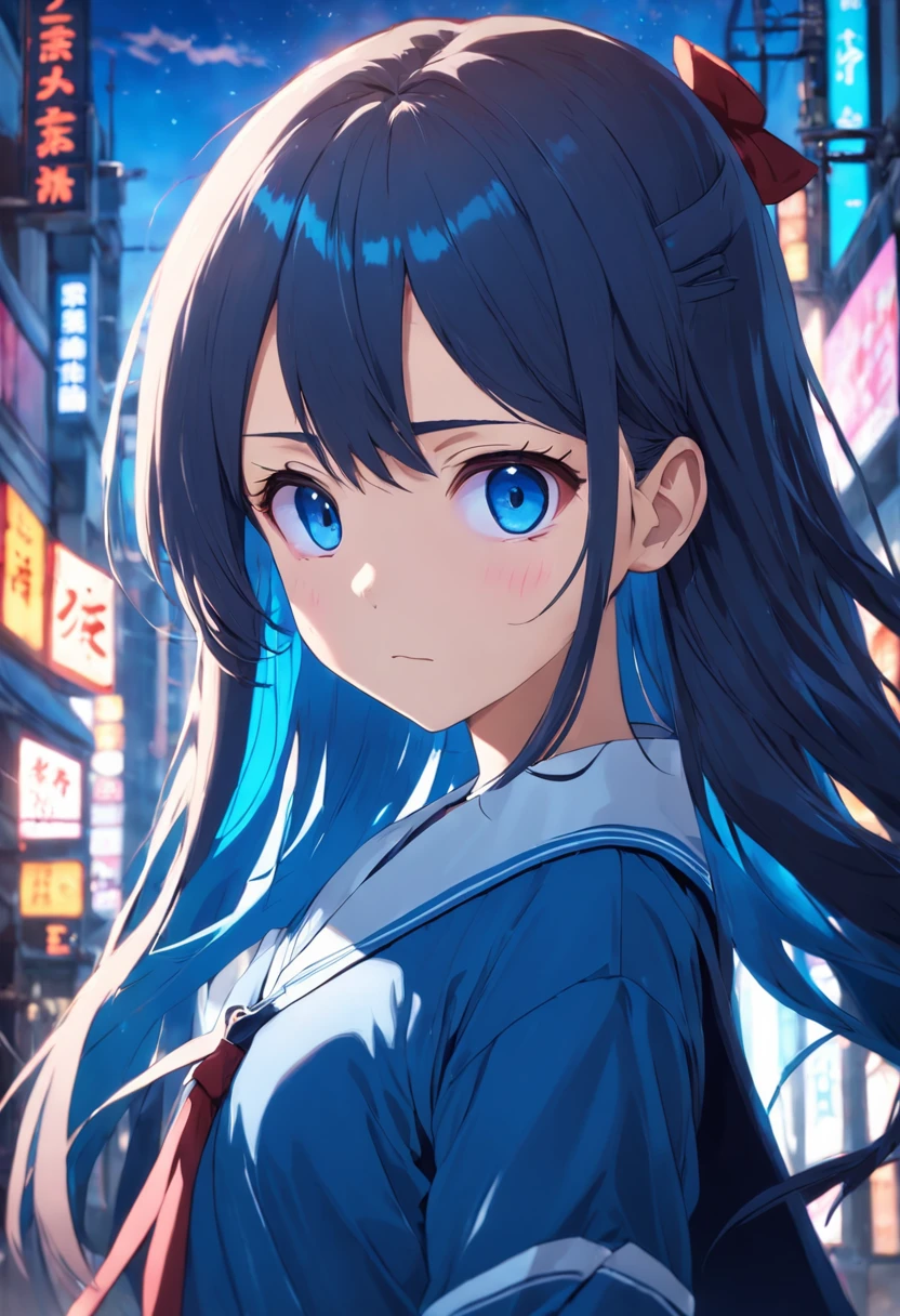 Strong girl, brunette color hair, best qualtiy, The long-haired, wearing a Japanese school uniform, extrovert, blue color eyes