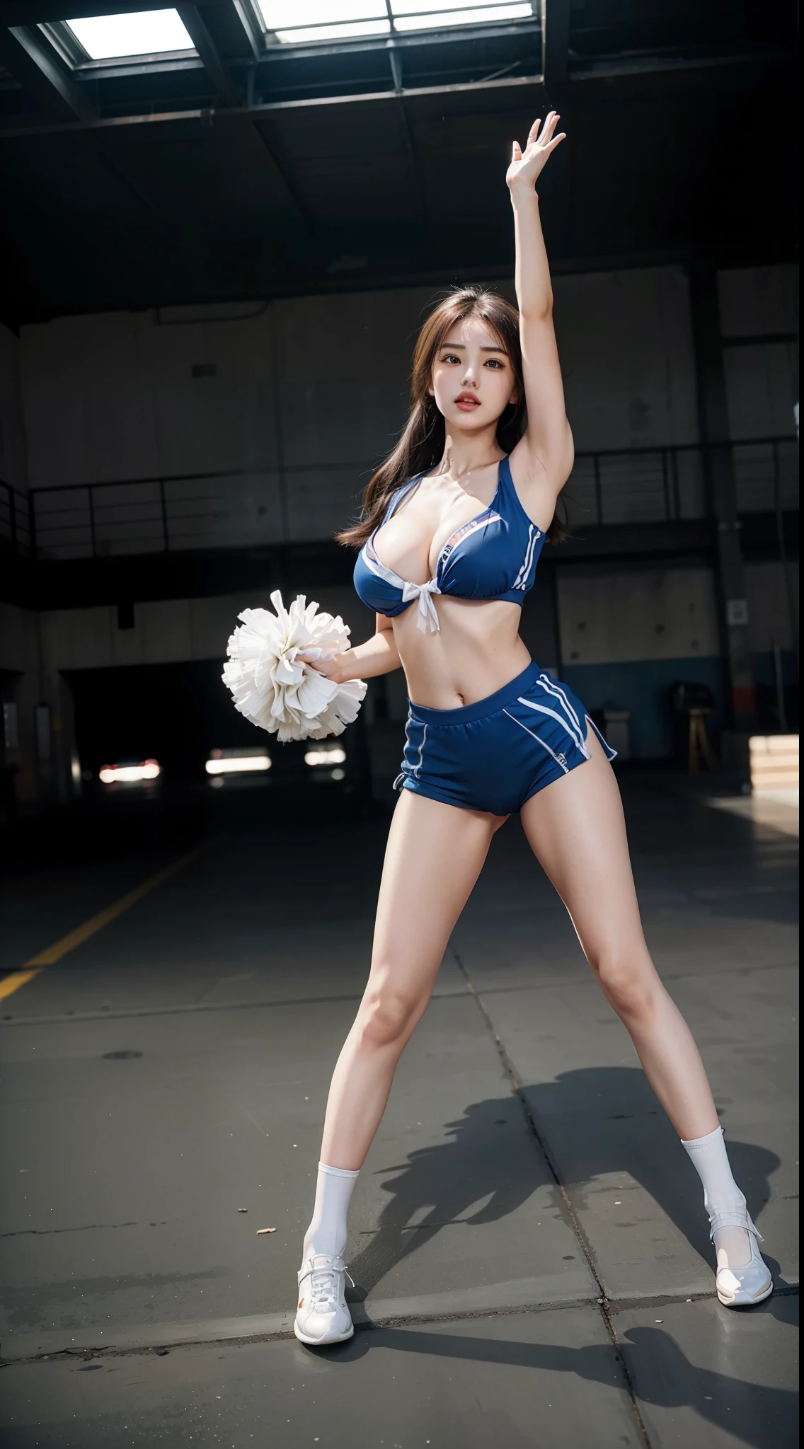 masutepiece, Best Quality, Ultra-detailed, Unity 8k壁纸, super detailed skin, Perfect Anatomy, Detailed, Dynamic lighting, 1girl in, voluptuous woman, Full body, a blond, twin-tail hair、gals, Shiny hair, ripped clothing、cheer girl、Cheergirl Uniforms、Hands raised、looking through legs, covered erectile , eyeshadows, huge-breasted, very Bigger breasts、Saggy breasts、wetted skin、cleavage, gleaming skin, Overexposed、through, Pubic hair, Line, shores, Photorealistic