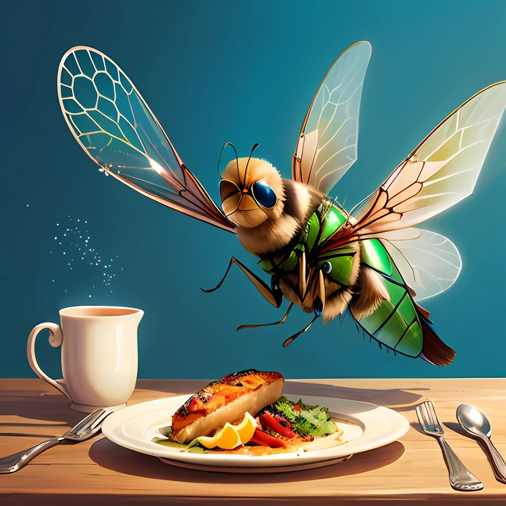 Big fly flying, using scarf and cutlery
