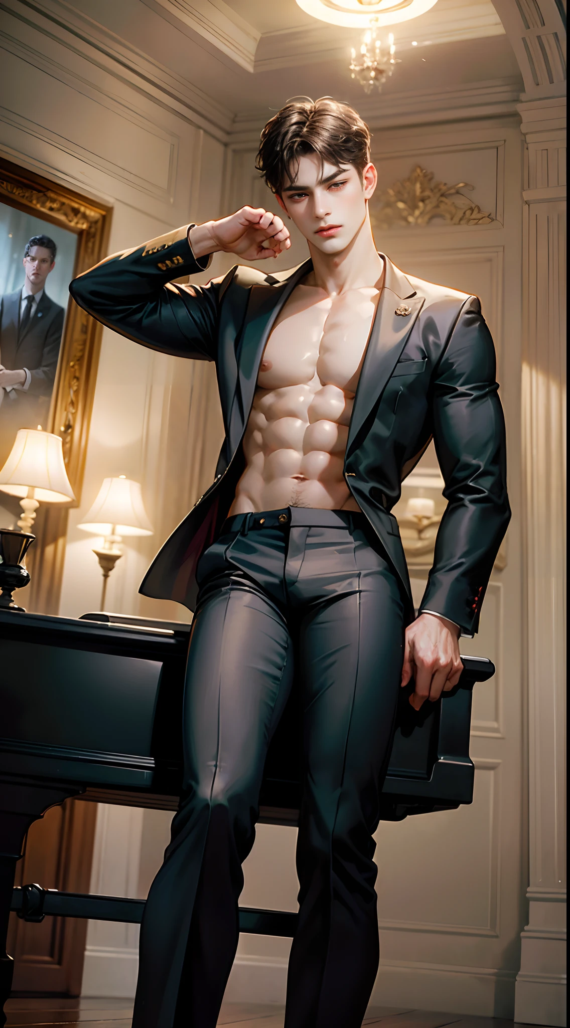 (absurderes, A high resolution, Ultra detailed, hdr), Masterpiece, Best quality, Portrait of a boy, Handsome boy with red eyes, Detailed face, Professional photo, The Alafed man is shirtless, Sit comfortably，legs are open, (puffynipple(From below:1.1)), Focus on your audience,18 year old boy, Handsome boy, [ Firmly defined body ]，Black shirt open，Abs，chest muscle，Black suit pants，large bulge，white shoe，Close-up of feet，pianos，