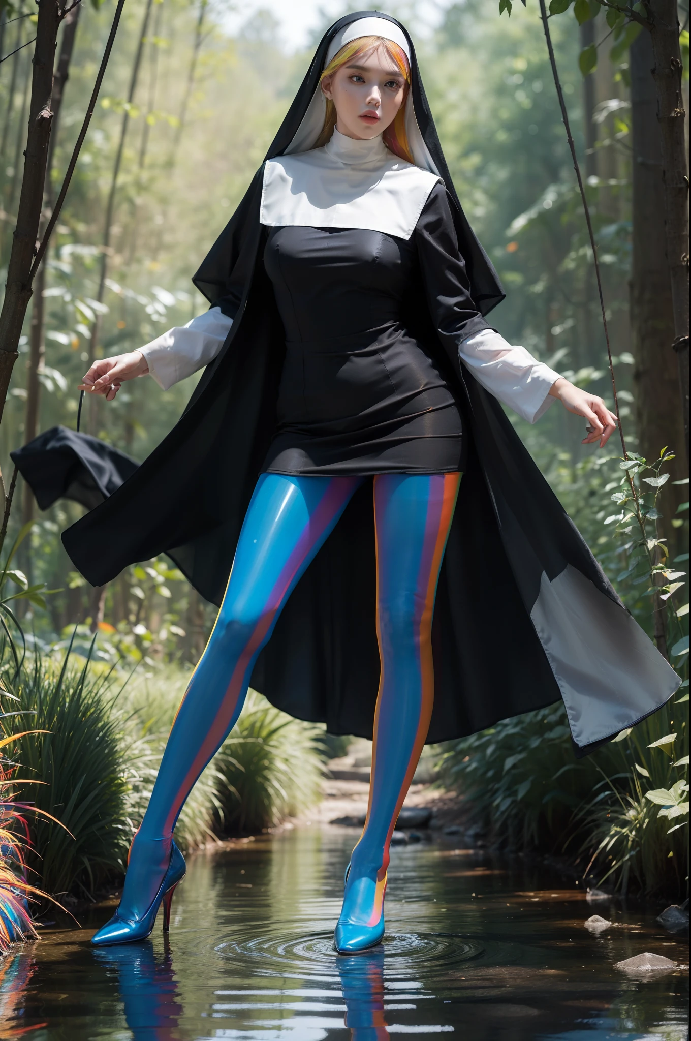 (full body:2),(1girl:1.3),(view the viewer:1.4),(anatomy correct:1.4),(((colorful pantyhose)):1.3), (pointed thick heels :1.3),,((Dancing By the creek in the forest):1.2),((Medieval female nun's knee-length dress suit):1.3),(Extra Long blonde Hair:1.2),(Accurate and perfect face:1.3),(Long legs and big feet:1.3),((Polished clothing):1.2),((Skin reflection , Skin Gloss):1.2),((((( colorful)))):1.5),hyper HD, Ray traching, reflective light, structurally correct, Award-Awarded, high detail, lighten shade contrast, Face lighting ,cinematic lighting, masterpiece, super detailing, high quality, high detail, best quality, 16k,High contrast,