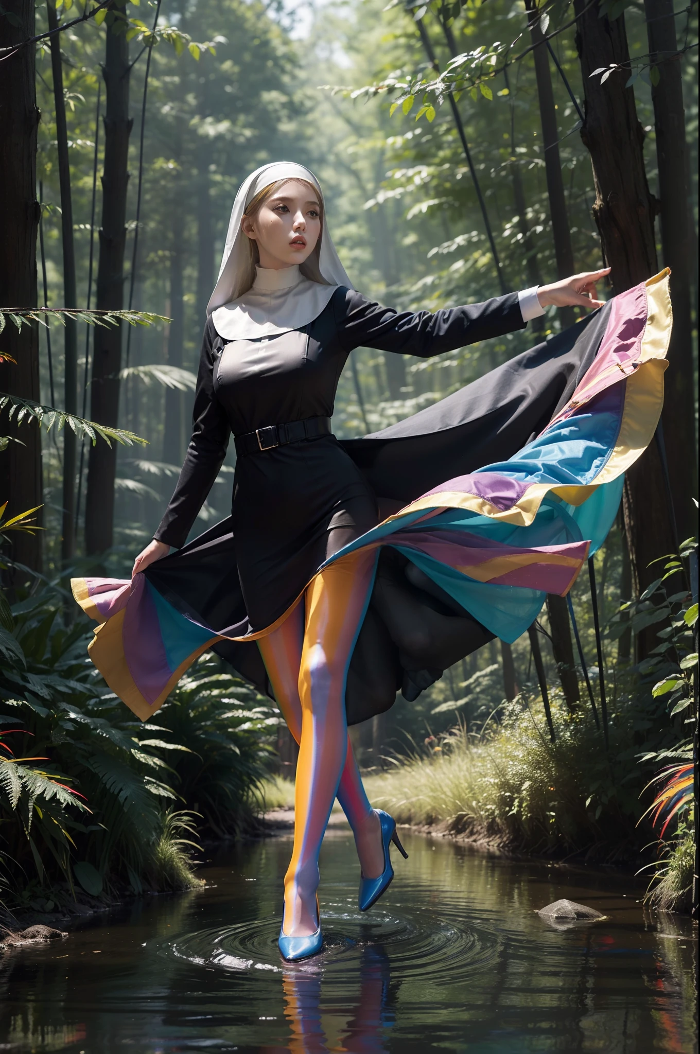 (full body:2)，(1girl:1.3),(view the viewer:1.4)，(anatomy correct:1.4),(((colorful pantyhose)):1.3), (pointed thick heels :1.3),,((Dancing By the creek in the forest):1.2),((Medieval female nun's knee-length dress suit):1.3),(Extra Long blonde Hair:1.2),(Accurate and perfect face:1.3),(Long legs and big feet:1.3),((Polished clothing):1.2),((Skin reflection , Skin Gloss):1.2)，((((( colorful)))):1.5)，hyper HD, Ray traching, reflective light， structurally correct, Award-Awarded, high detail, lighten shade contrast, Face lighting ，cinematic lighting, masterpiece, super detailing, high quality, high detail, best quality, 16k，High contrast,