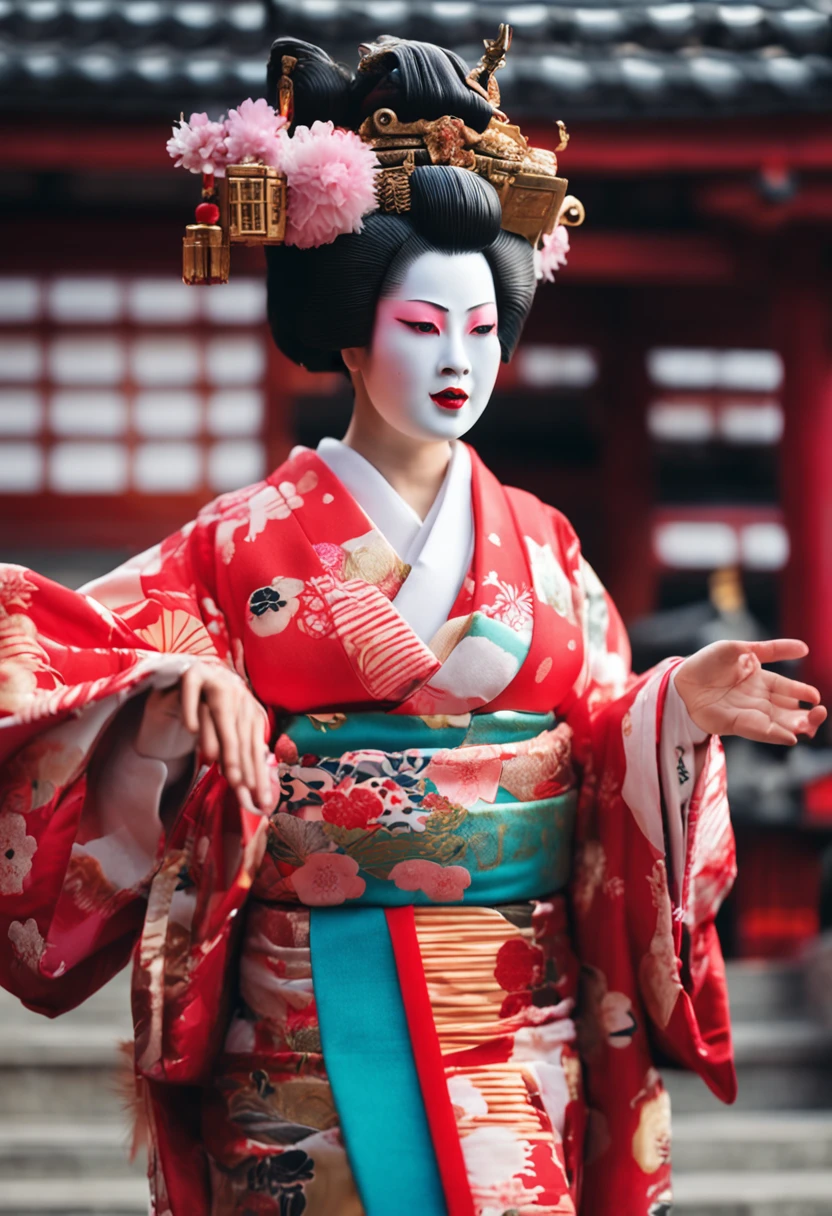 The camera of a Japan beautiful woman in an oiran figure showing her chest at Kiyomizu-dera Temple is SLR Instagram style