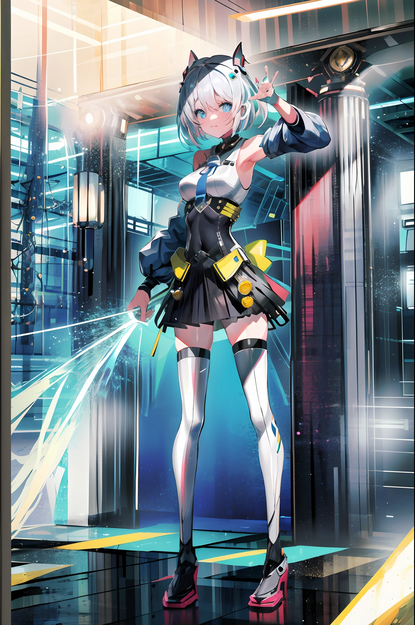 (Masterpiece, Highest quality: 1.3), (16k, high resolution: 1.3), Beautiful teenage girl, Mechanical body, Transparent skin, Cinematic light, with light glowing, Very cute and beautiful Korean woman idol, full bodyesbian, staring at the audience, Firm and dignified eyes,