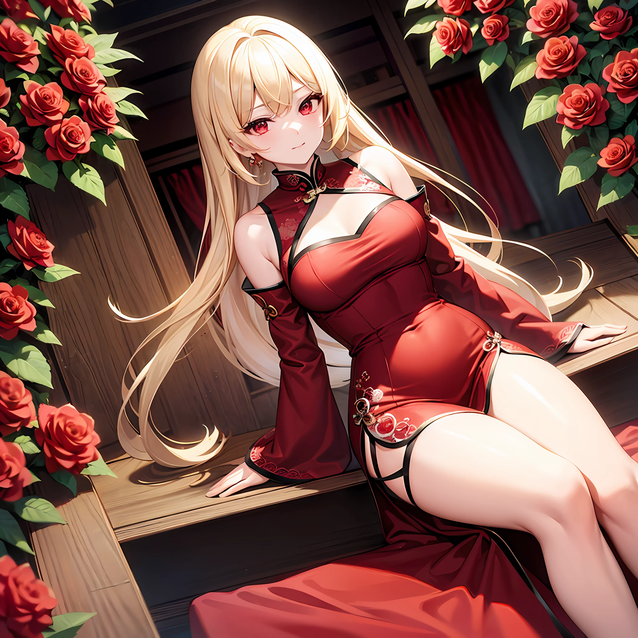 (very close up) (1girl) (adult woman) (topless:1.1) (naked:1.3) (ruby red chains on wrists) (twisting body:1.3) (arched back:1.3) (girl looking at viewer intently) (ruby red halo) red rose choker, night, dark cozy bedroom, Good lighting, Shadows in the movies, very large breasts, thin waist, Long HAIR, (blonde hair), original HAIR style, Dynamic Angle, (detailed face:1.3) (dynamic lighting:1.5), (orgasm:1.5), (horny look) (ruby red eyes glowing with power) (ruby red leaf bracers on arms) (ruby red leaf hair piece) (elaborate ruby necklace) (red roses on bed:1.3) (red roses in hair) (stunning beautiful red eyes)