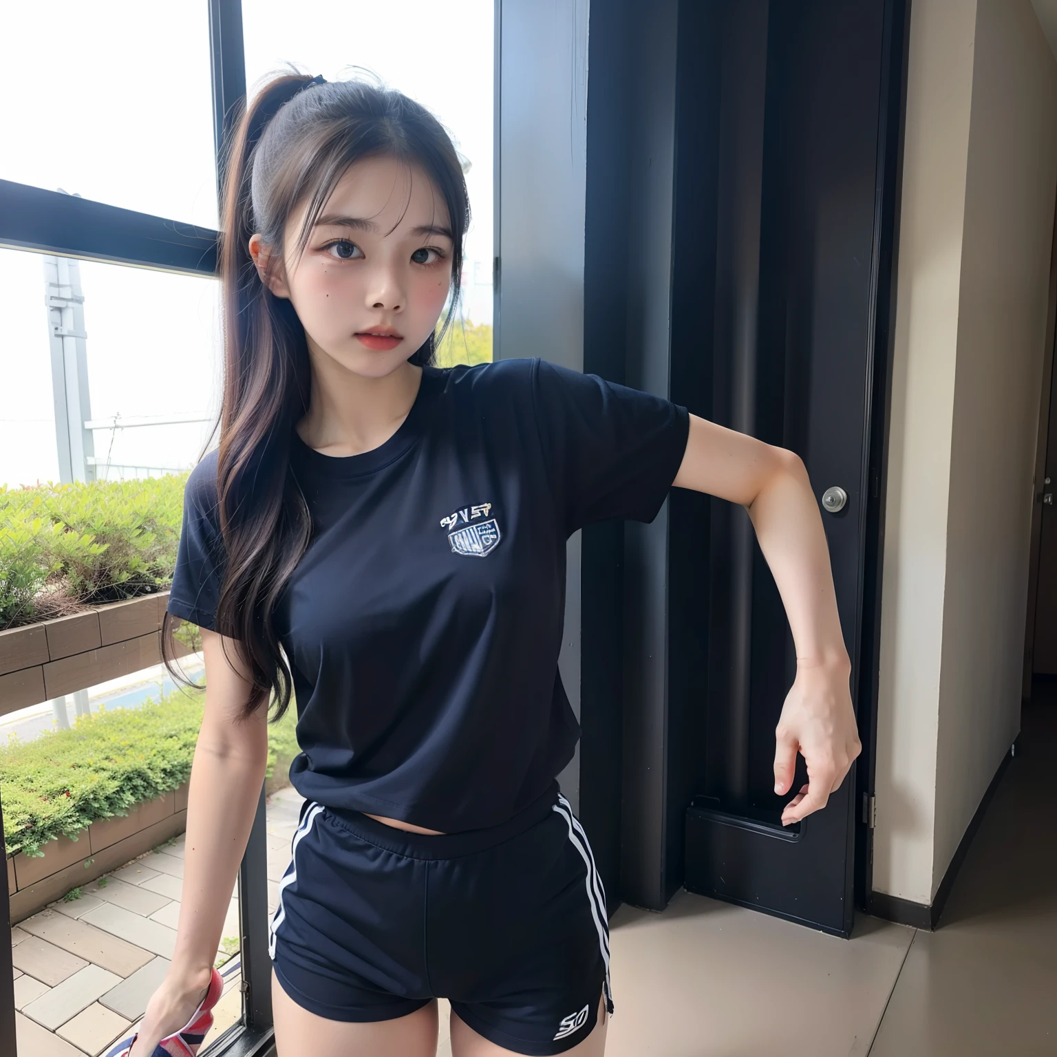very real、Top-notch image quality、in 8K、fully body photo、Japanese high school  girl、sixteen years old、Soio、kawaii、A dark-haired、Small Blast、160cm、Wearing gym clothes[Navy blue T-shirt、Navy blue shorts]、Walking、Fluid movement、Leaving school、fully body photo、Frontal perspective